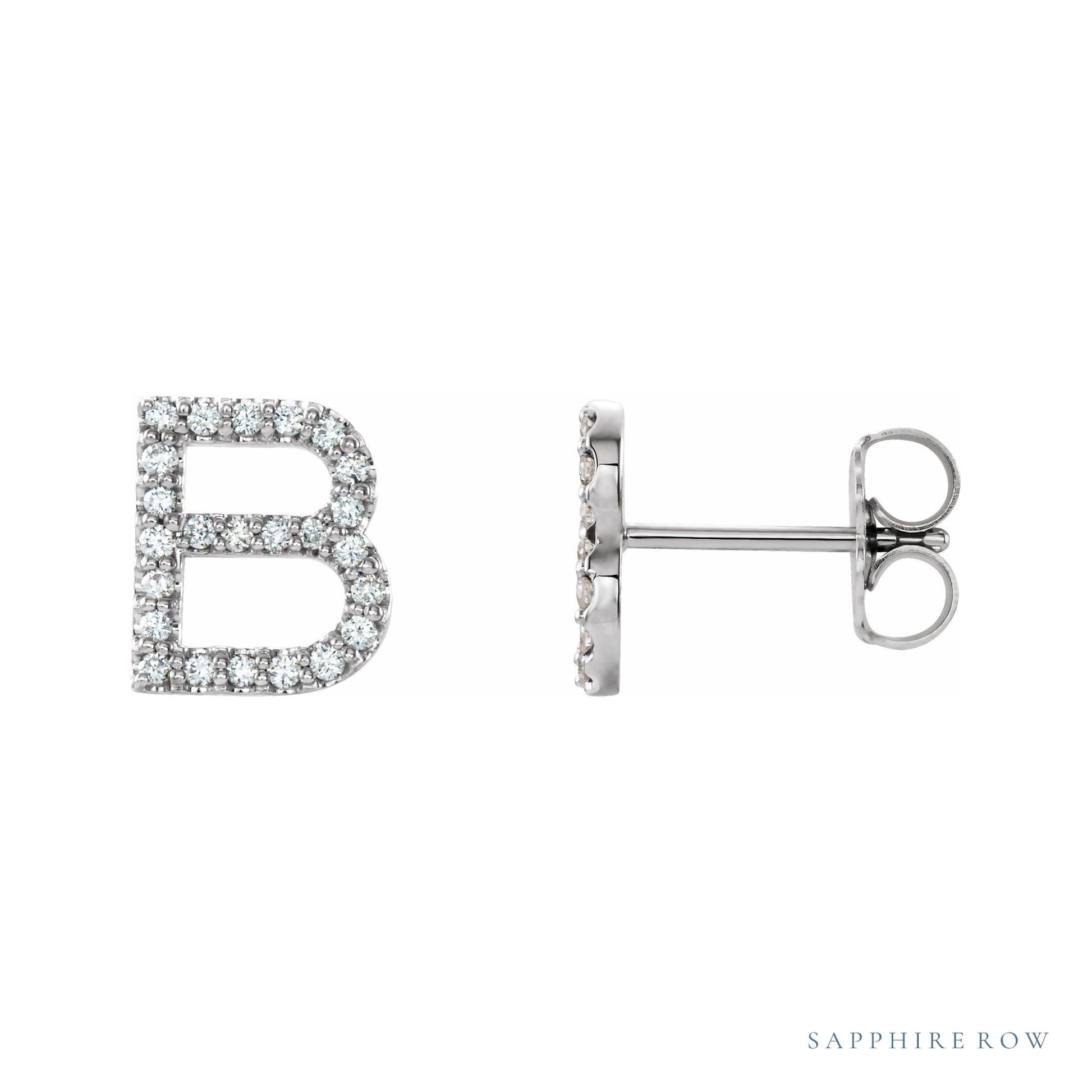 Sapphire Row Natural Diamond Pavé Initial Stud Earrings - B, 14K White Gold