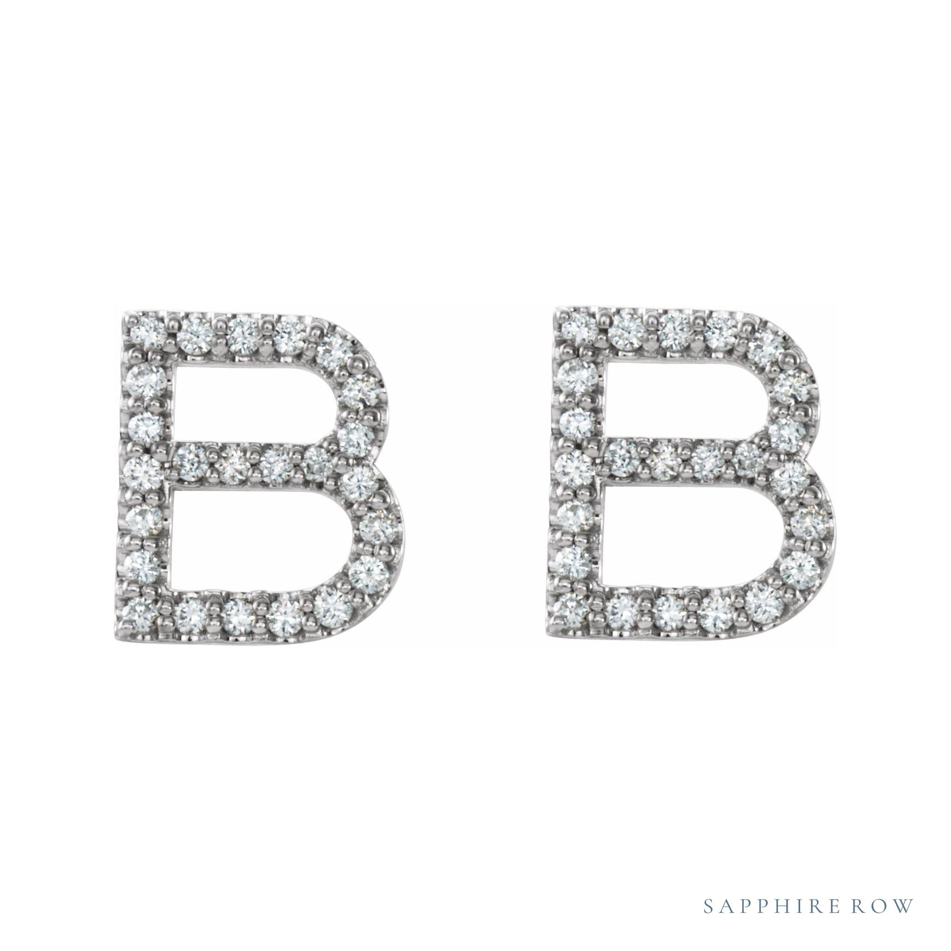 Sapphire Row Natural Diamond Pavé Initial Stud Earrings - B, 14K White Gold (view 2)