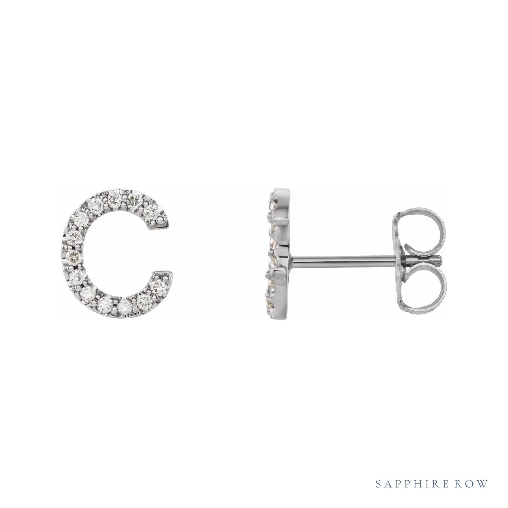Sapphire Row Natural Diamond Pavé Initial Stud Earrings - C, 14K White Gold