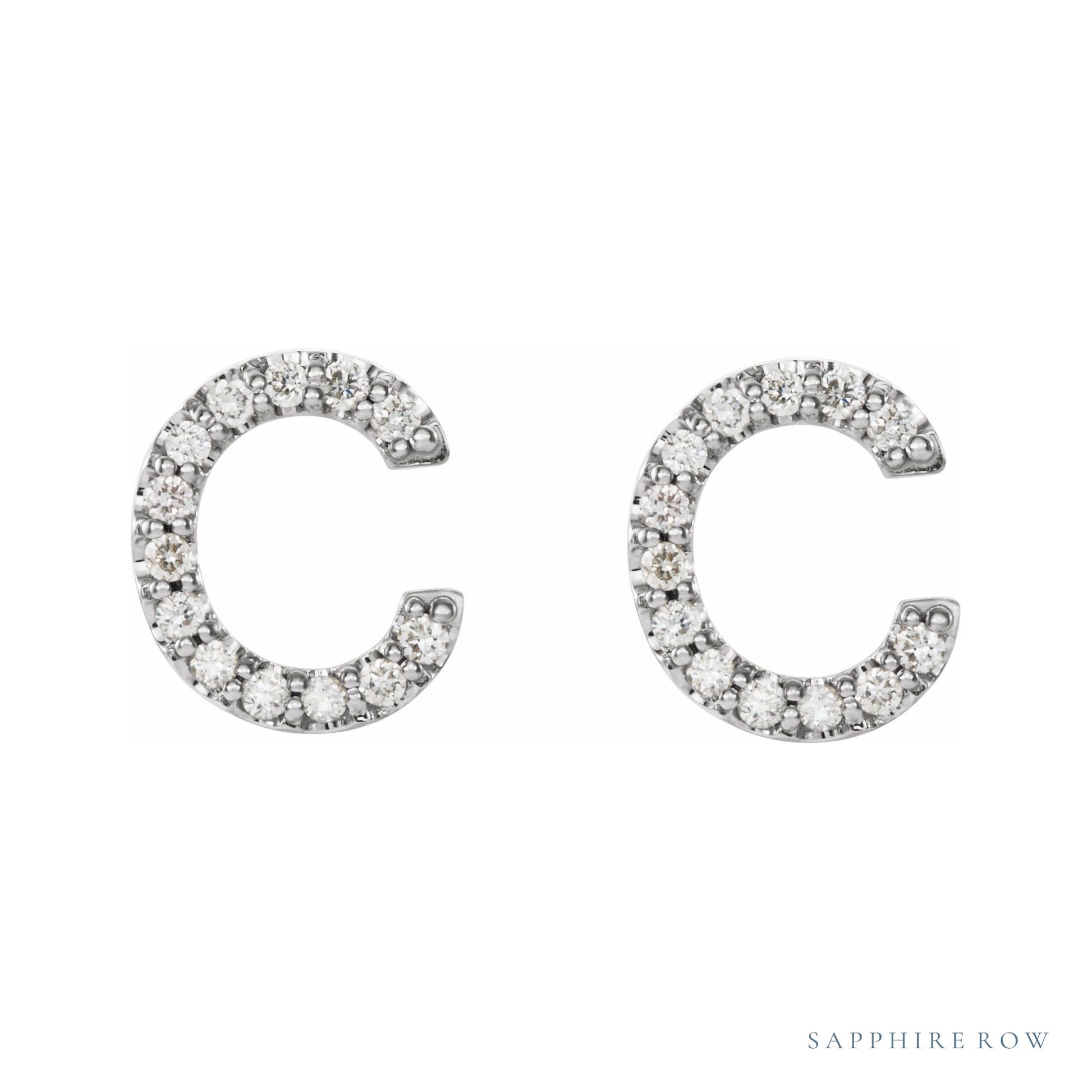 Sapphire Row Natural Diamond Pavé Initial Stud Earrings - C, 14K White Gold (view 2)
