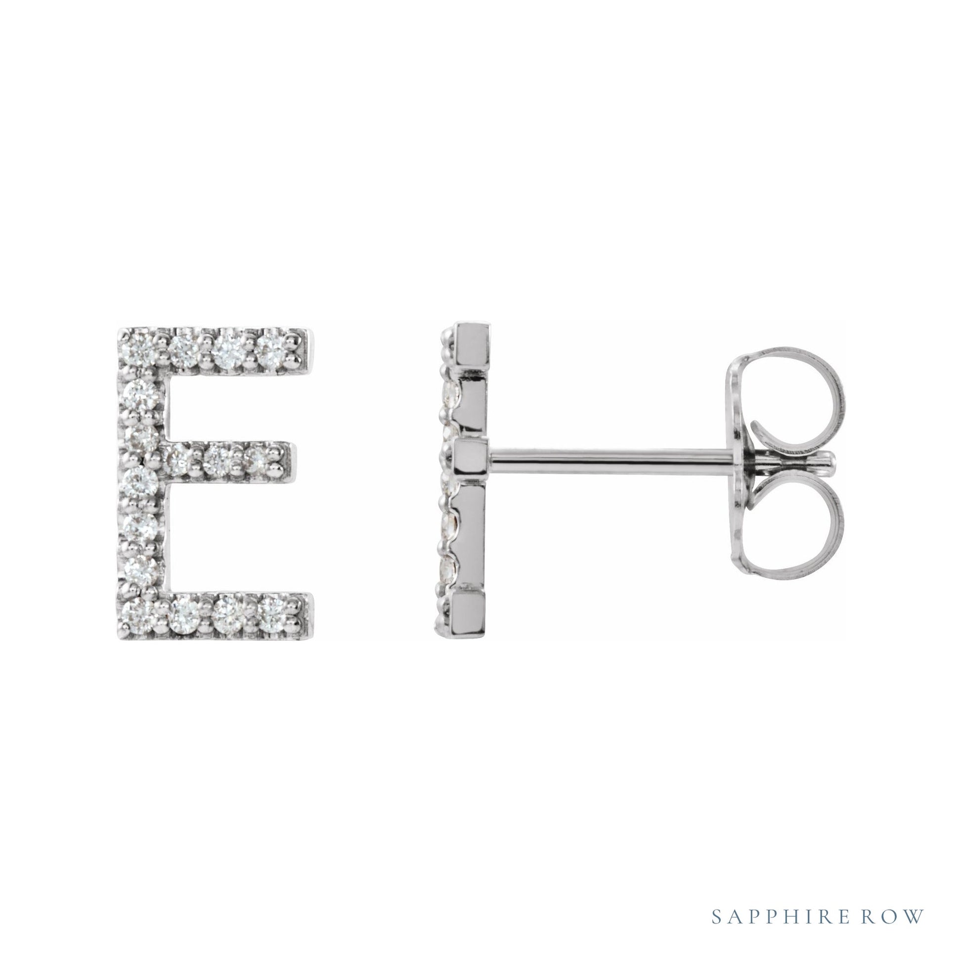 Sapphire Row Natural Diamond Pavé Initial Stud Earrings - E, 14K White Gold