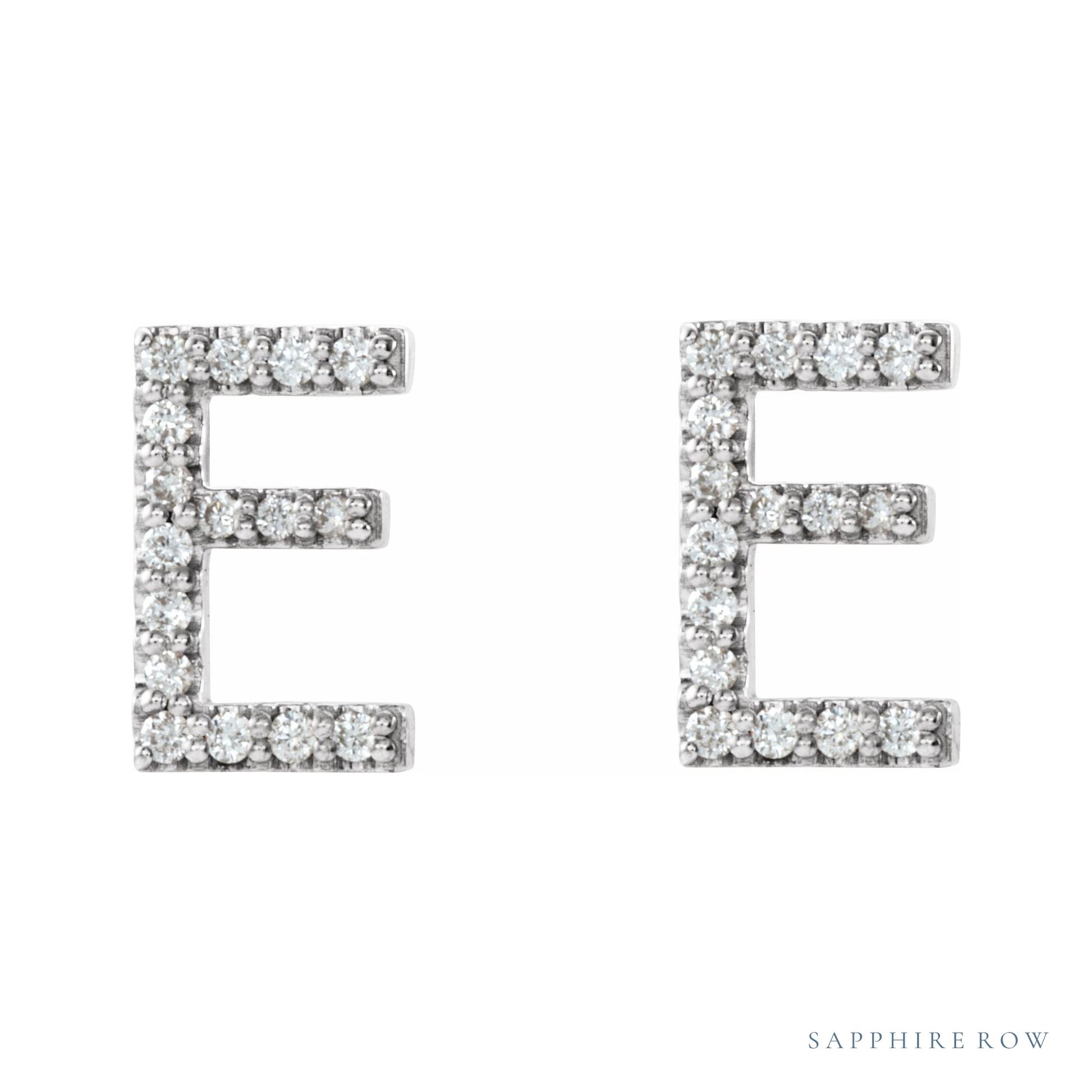 Sapphire Row Natural Diamond Pavé Initial Stud Earrings - E, 14K White Gold (view 2)