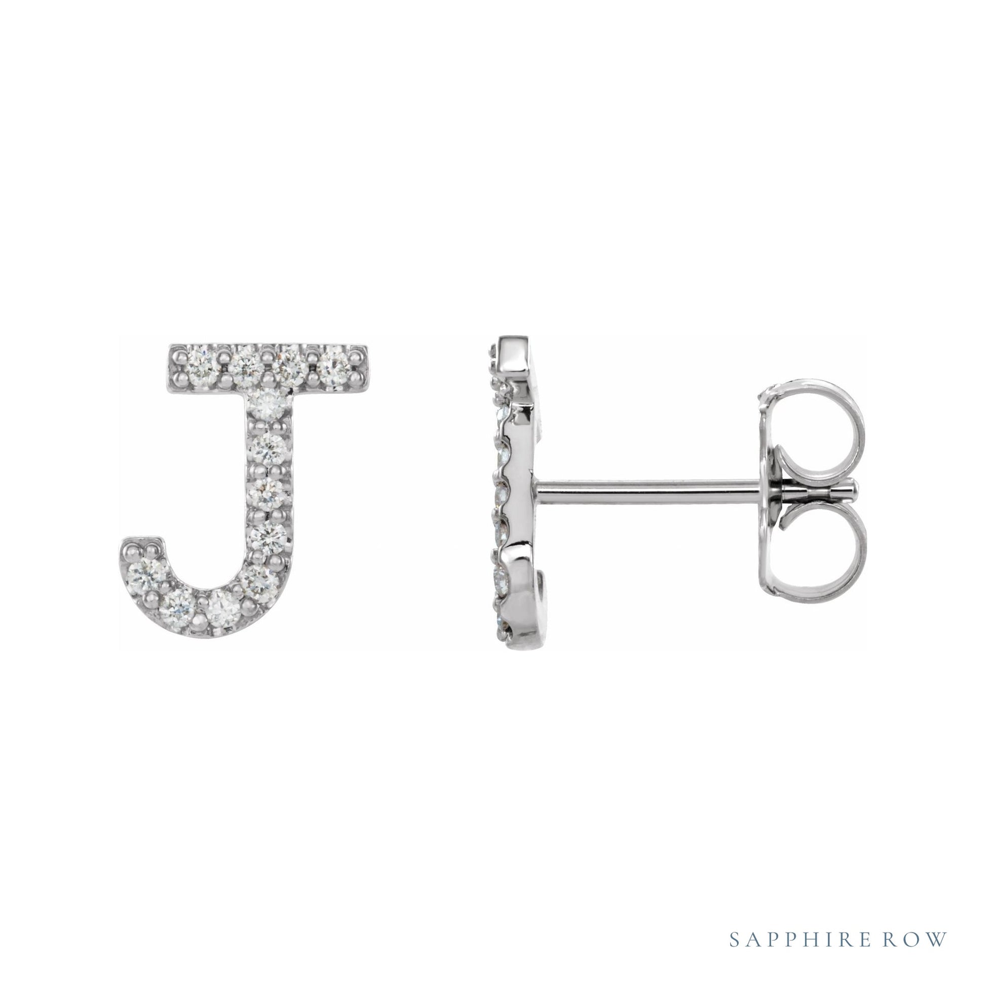 Sapphire Row Natural Diamond Pavé Initial Stud Earrings - J, 14K White Gold
