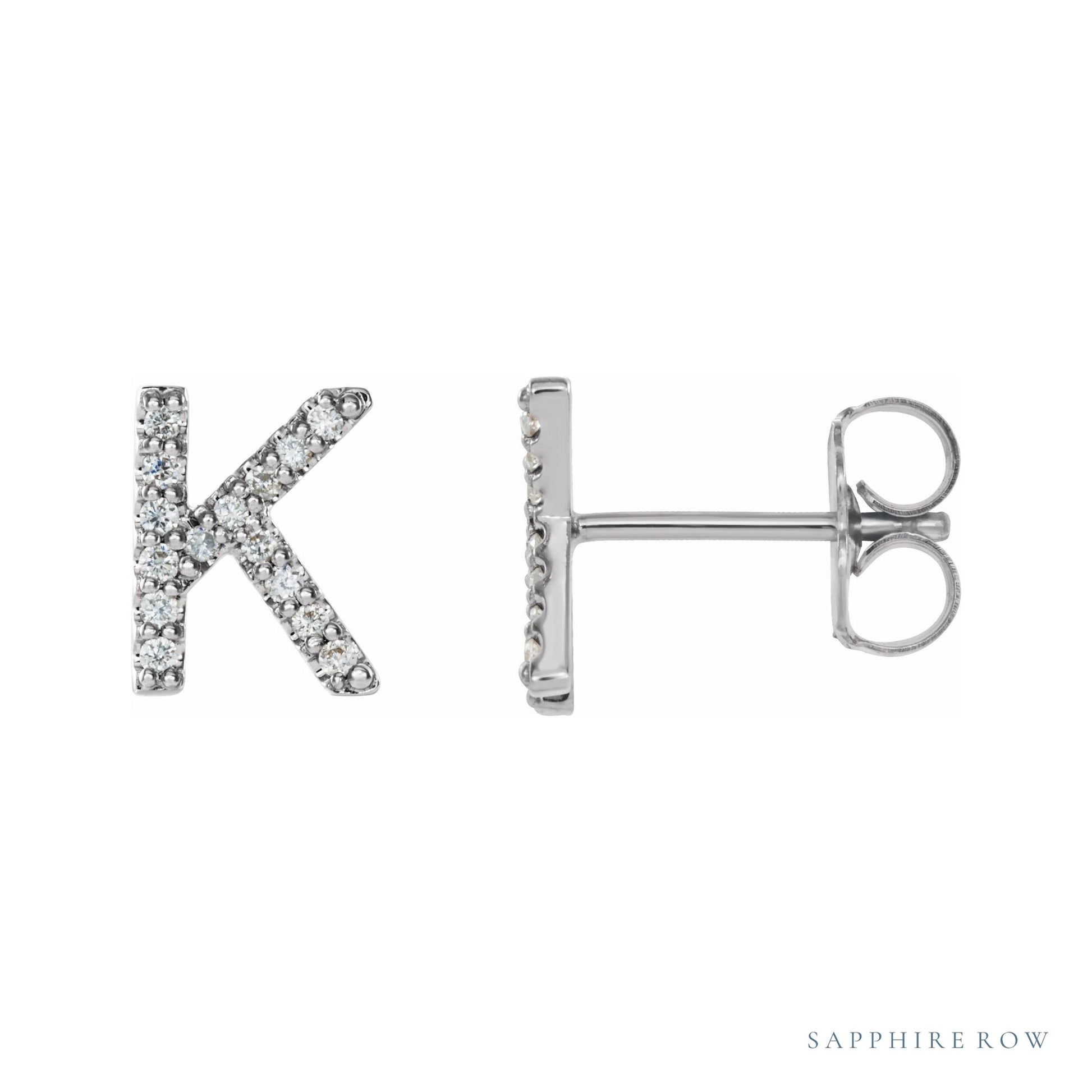 Sapphire Row Natural Diamond Pavé Initial Stud Earrings - K, 14K White Gold