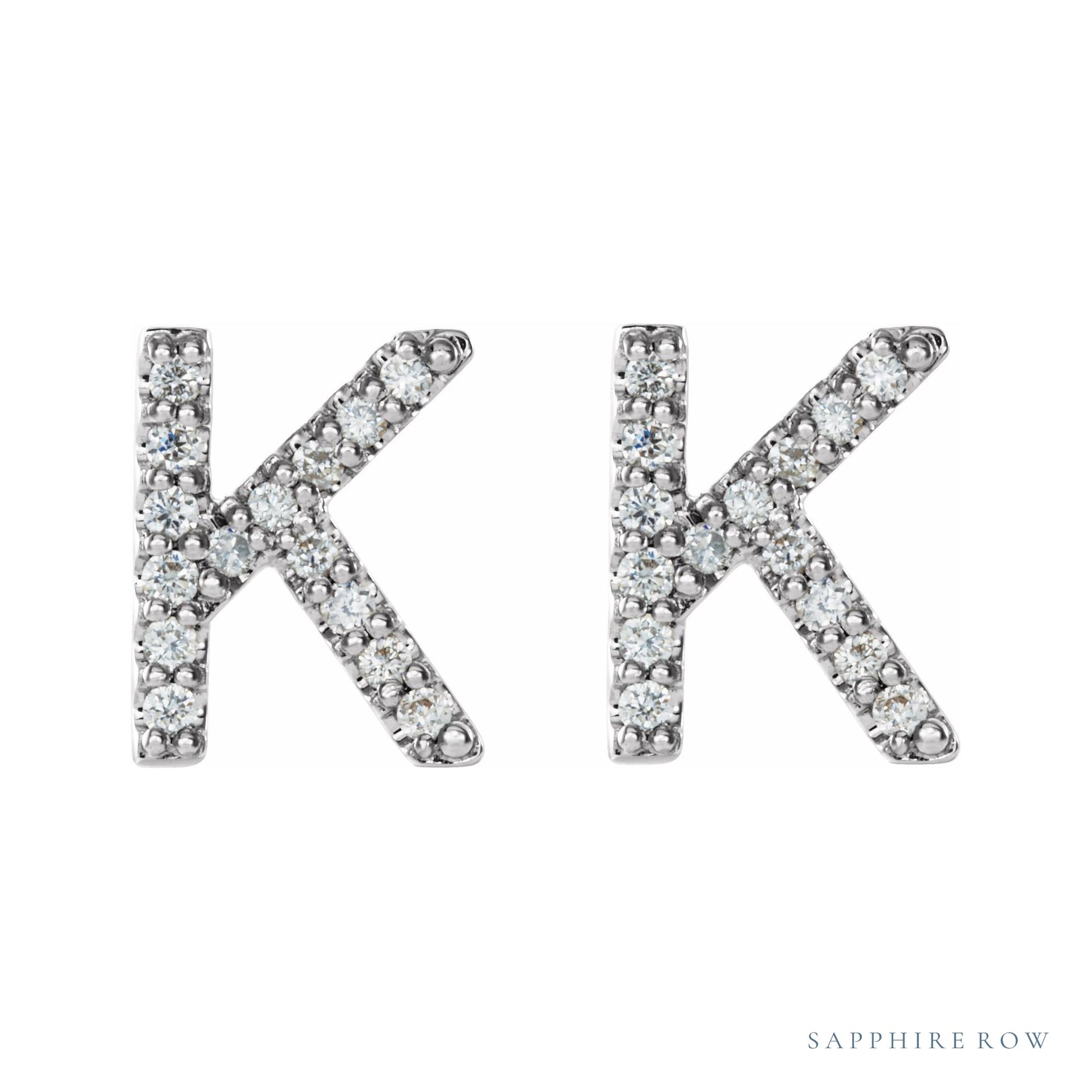 Sapphire Row Natural Diamond Pavé Initial Stud Earrings - K, 14K White Gold (view 2)