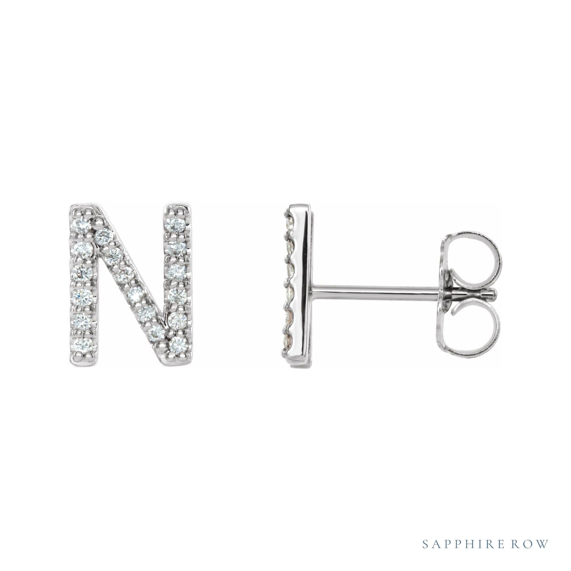 Sapphire Row Natural Diamond Pavé Initial Stud Earrings - N, 14K White Gold