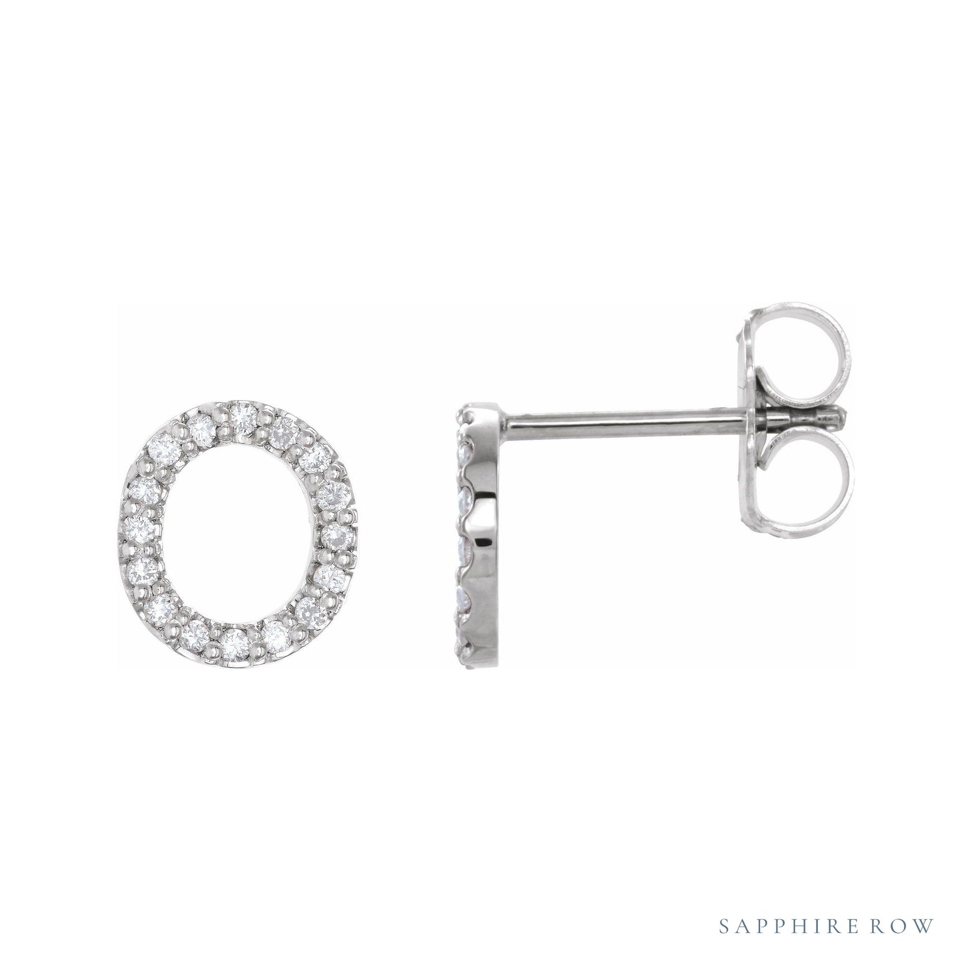 Sapphire Row Natural Diamond Pavé Initial Stud Earrings - O, 14K White Gold