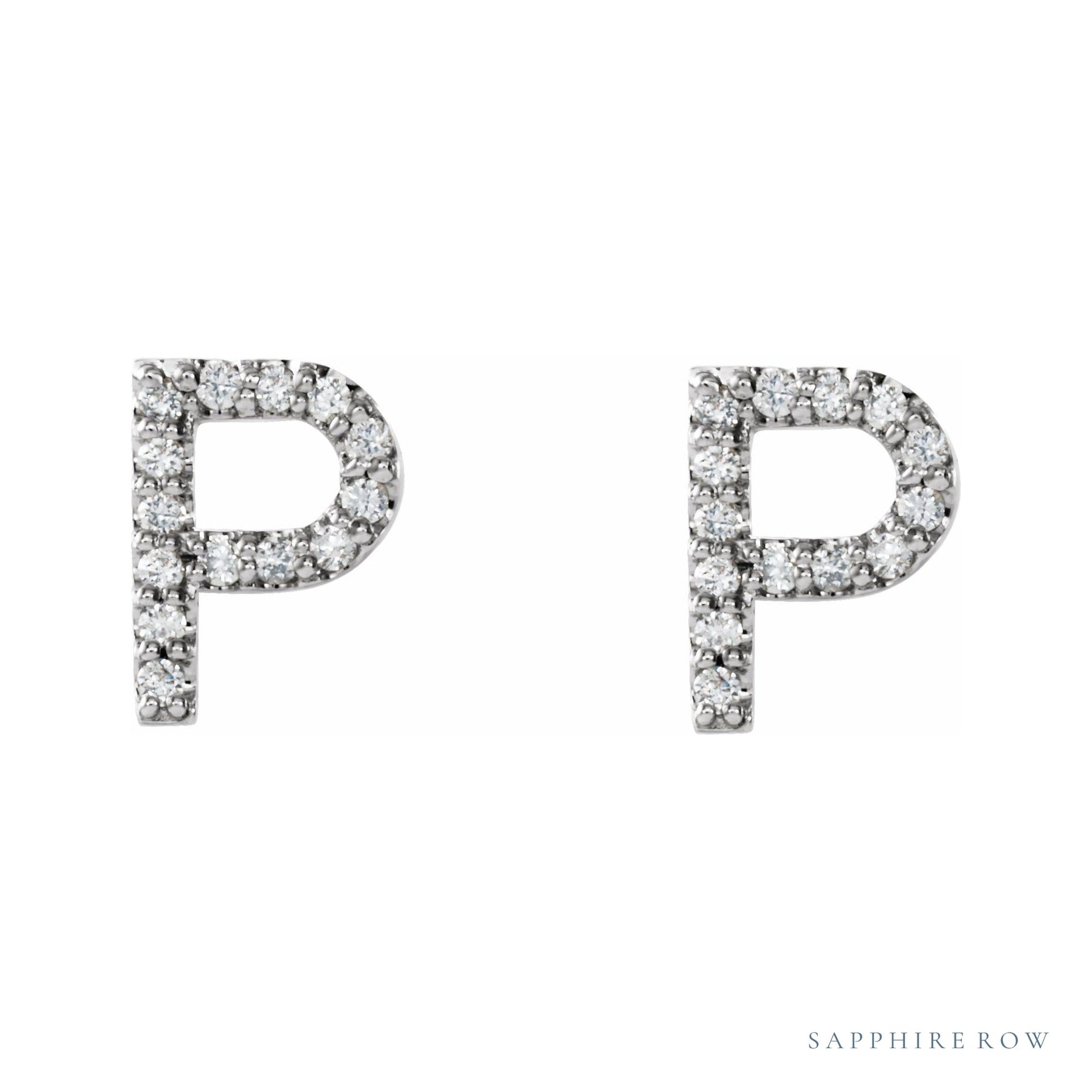 Sapphire Row Natural Diamond Pavé Initial Stud Earrings - P, 14K White Gold (view 2)