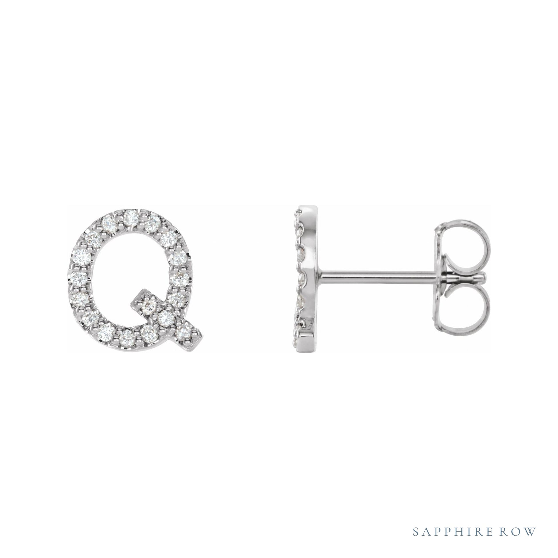 Sapphire Row Natural Diamond Pavé Initial Stud Earrings - Q, 14K White Gold