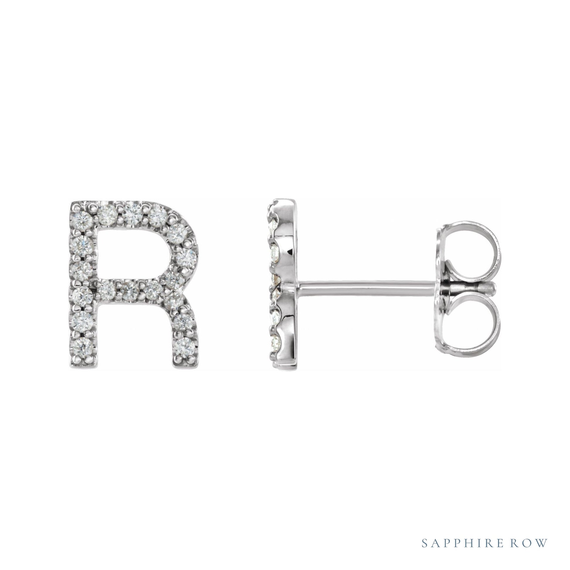 Sapphire Row Natural Diamond Pavé Initial Stud Earrings - R, 14K White Gold