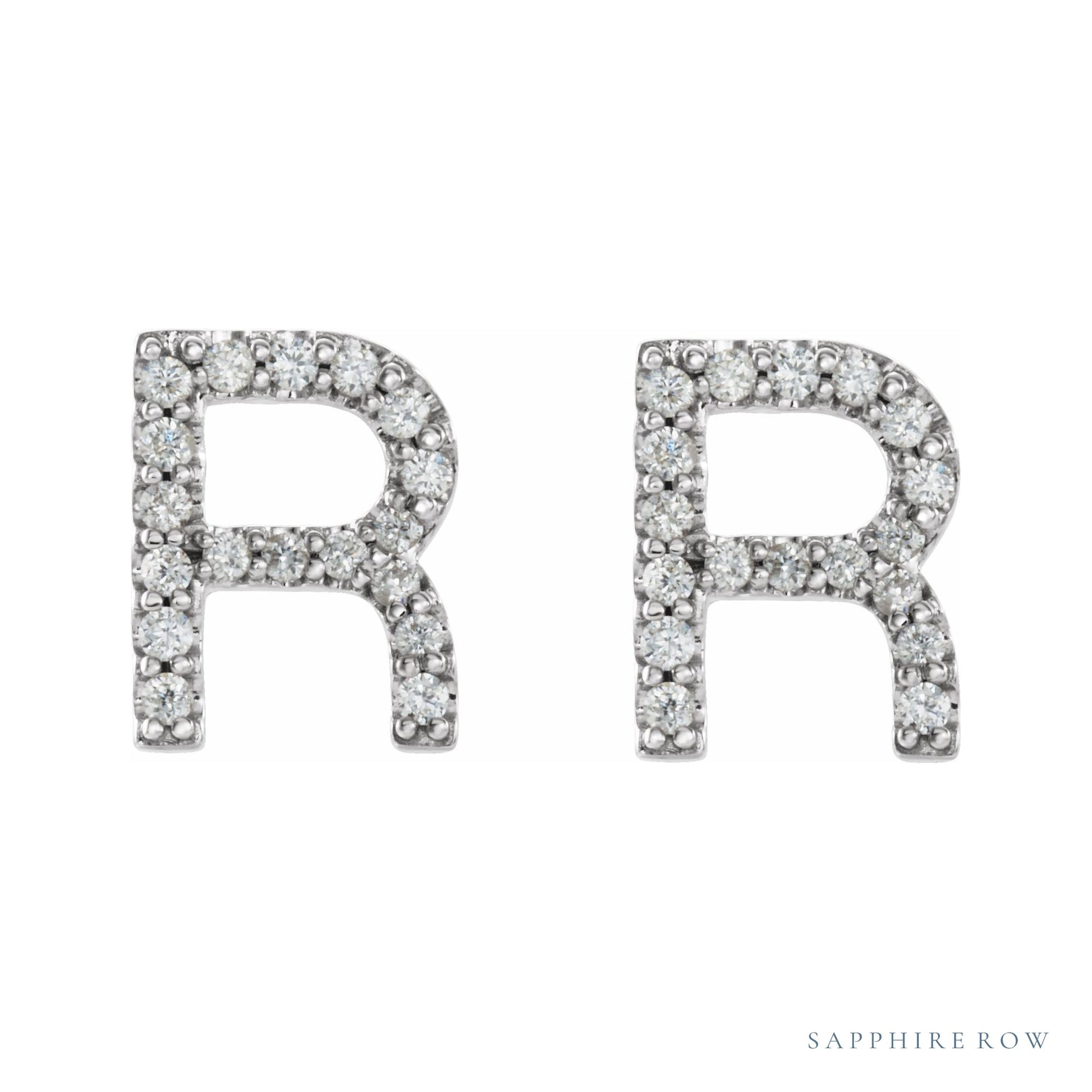 Sapphire Row Natural Diamond Pavé Initial Stud Earrings - R, 14K White Gold (view 2)