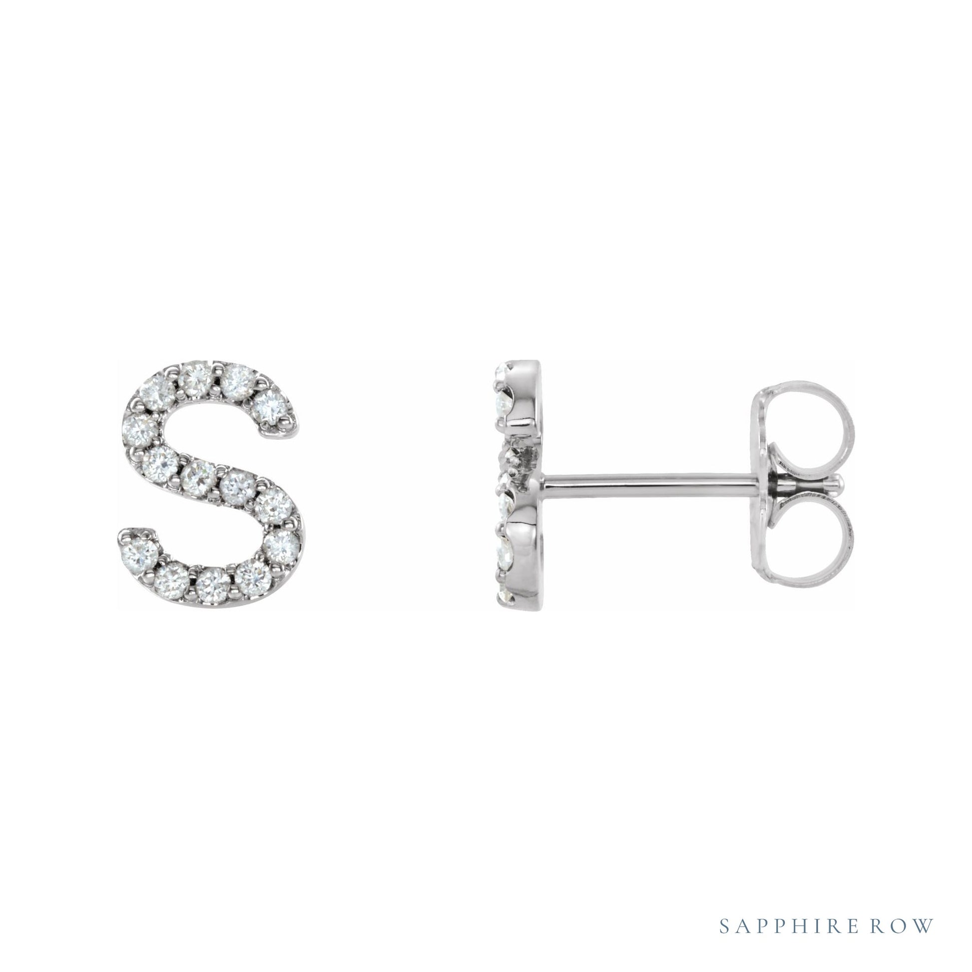 Sapphire Row Natural Diamond Pavé Initial Stud Earrings - S, 14K White Gold