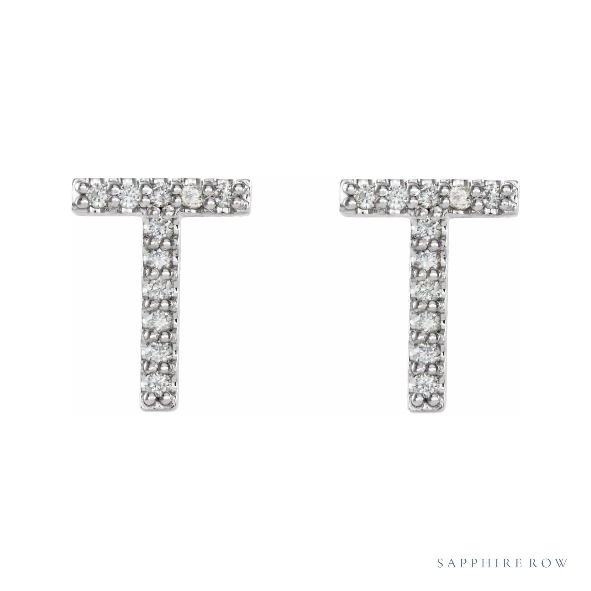 Sapphire Row Natural Diamond Pavé Initial Stud Earrings - T, 14K White Gold (view 2)