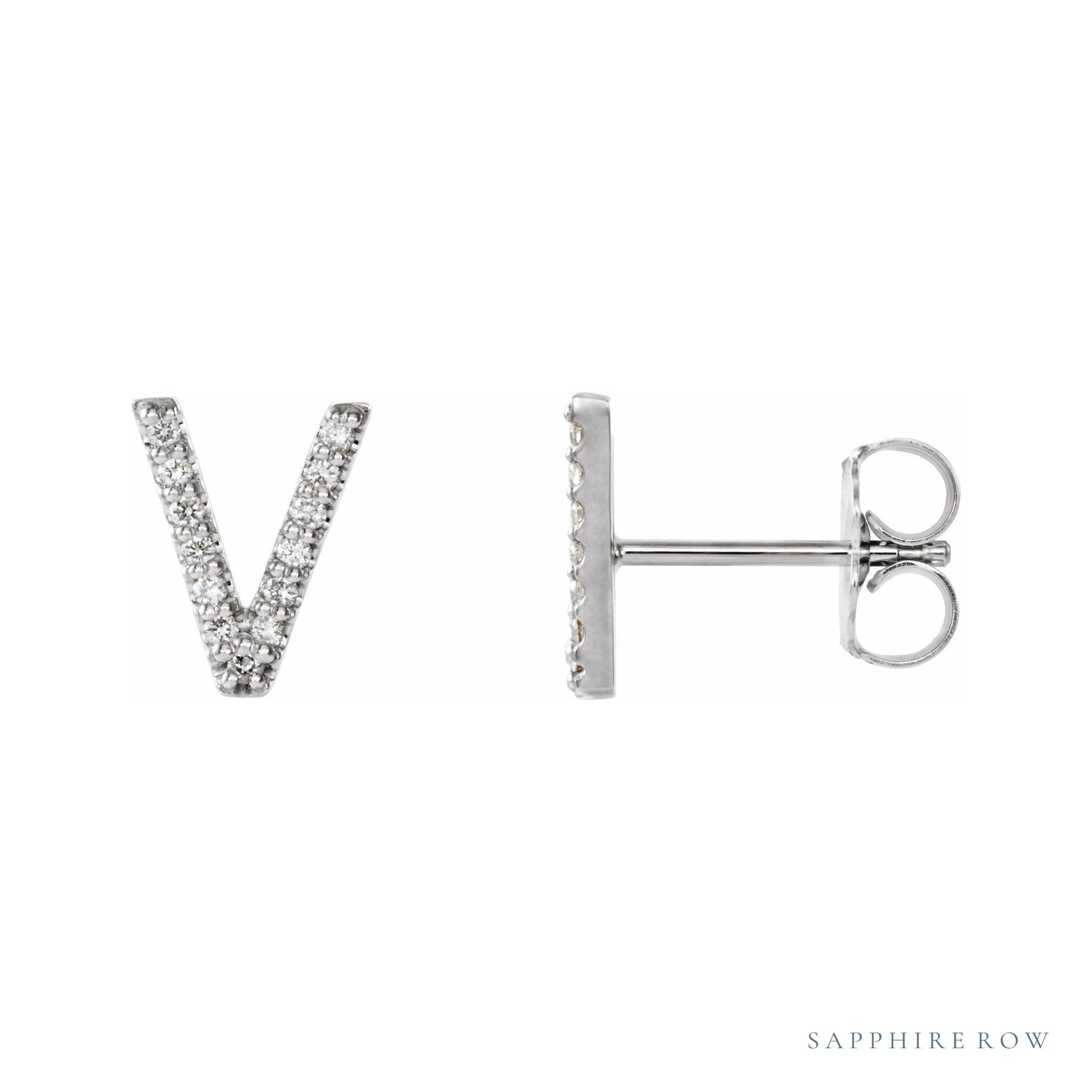 Sapphire Row Natural Diamond Pavé Initial Stud Earrings - V, 14K White Gold