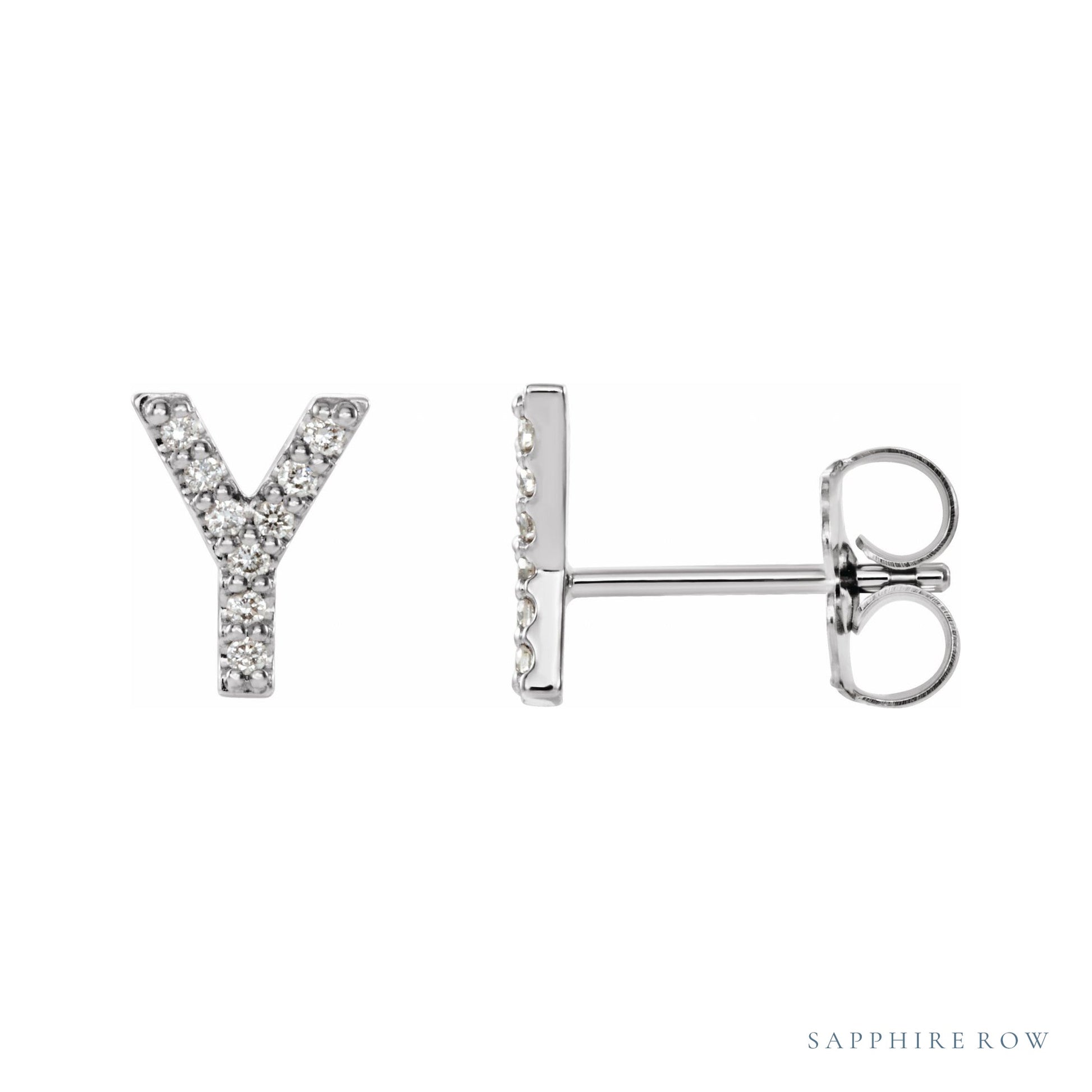 Sapphire Row Natural Diamond Pavé Initial Stud Earrings - Y, 14K White Gold