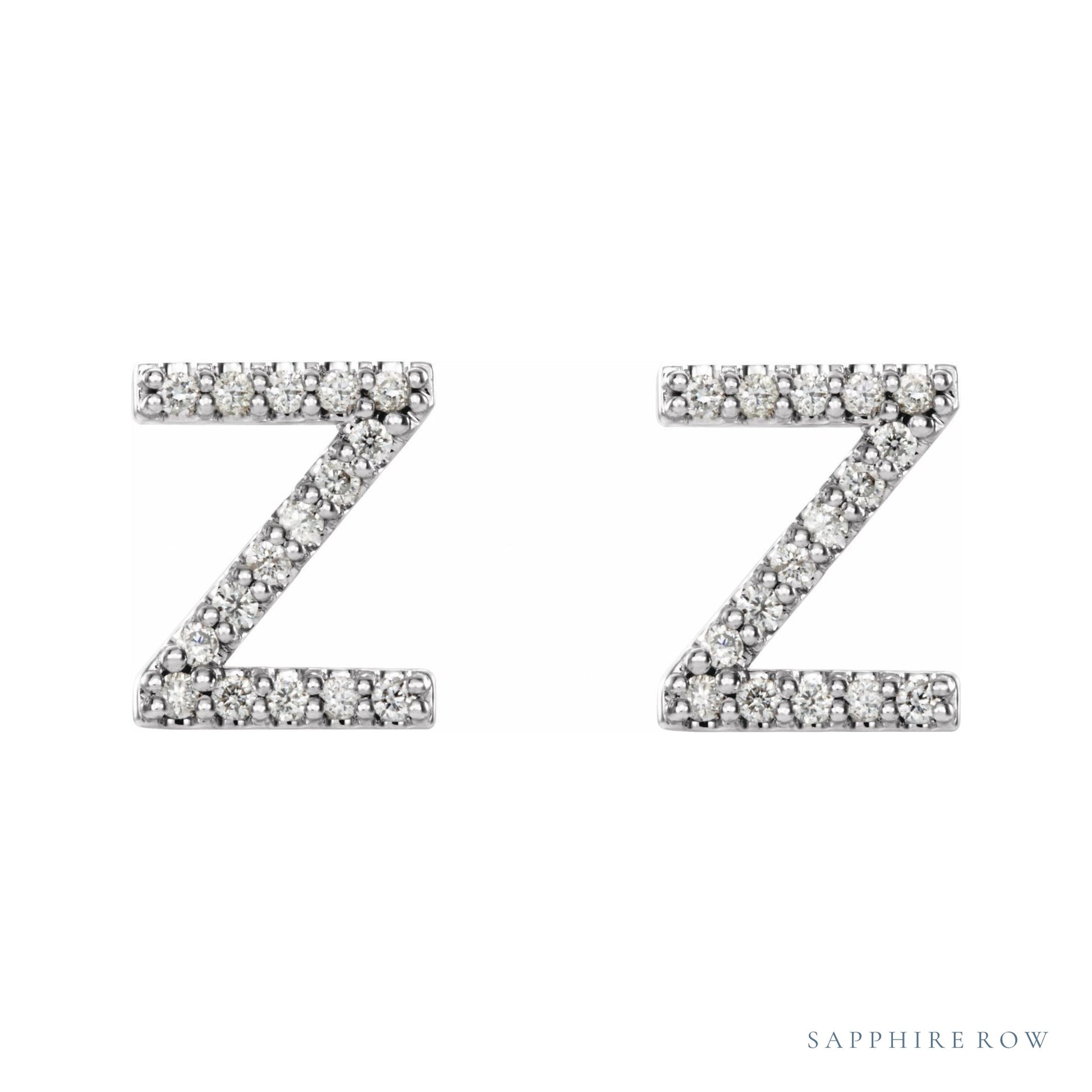 Sapphire Row Natural Diamond Pavé Initial Stud Earrings - Z, 14K White Gold (view 2)