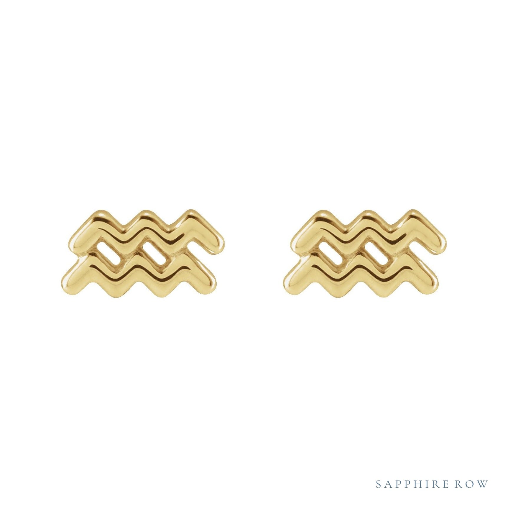 Sapphire Row Gold Zodiac Stud Earrings - Aquarius, 14K Yellow Gold (view 3)