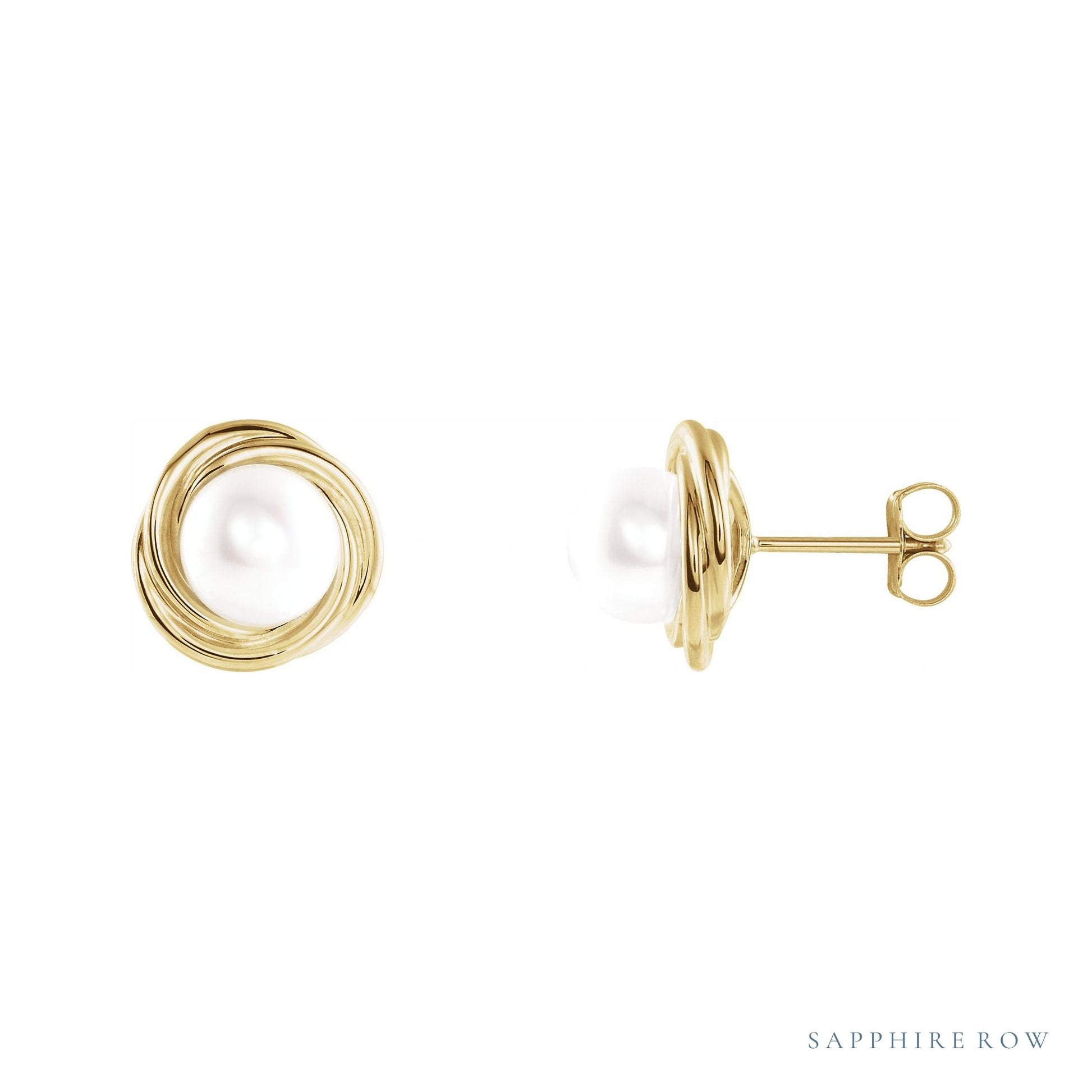 Sapphire Row Cultured Pearl Button Stud Earrings - 14K Yellow Gold