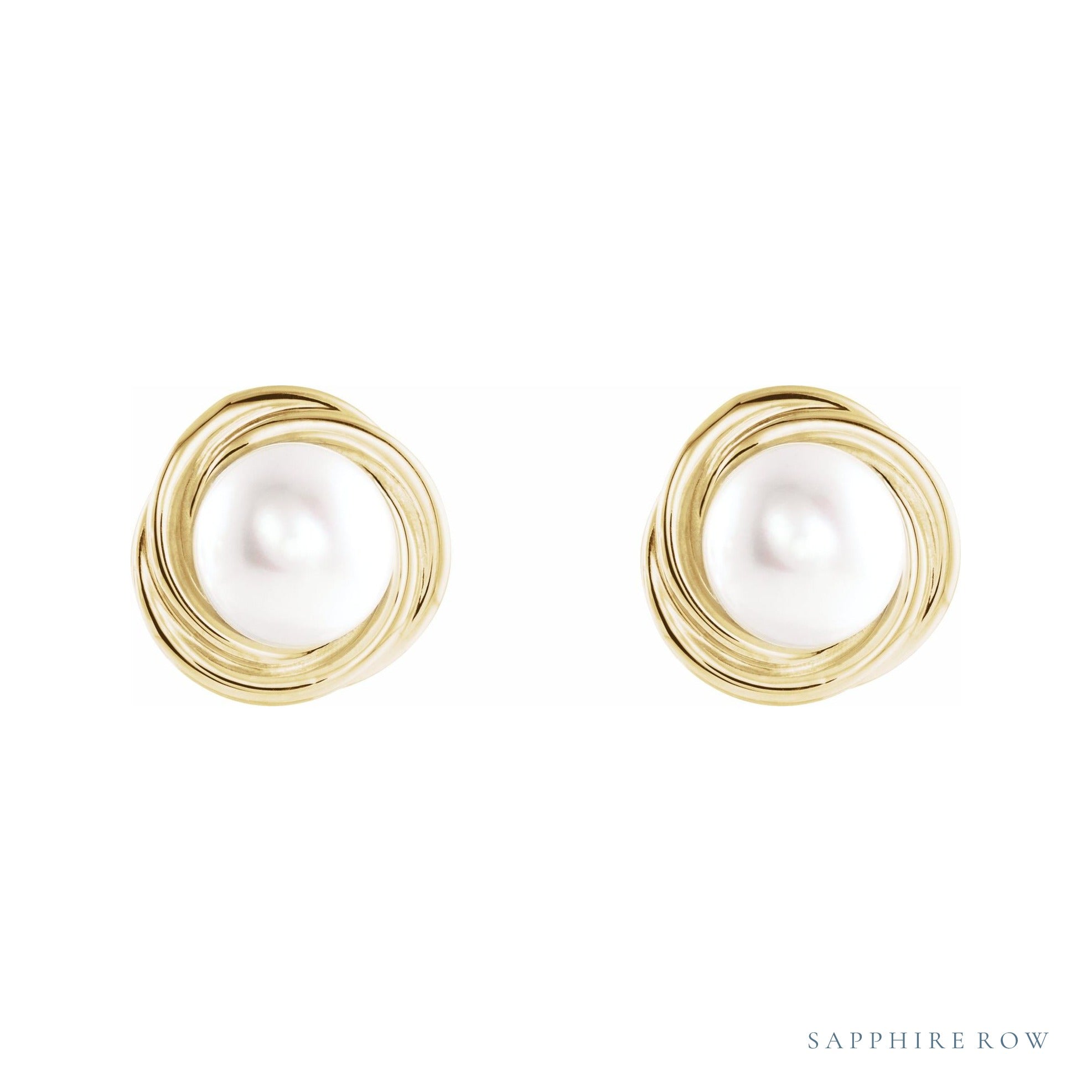 Sapphire Row Cultured Pearl Button Stud Earrings - 14K Yellow Gold (view 2)