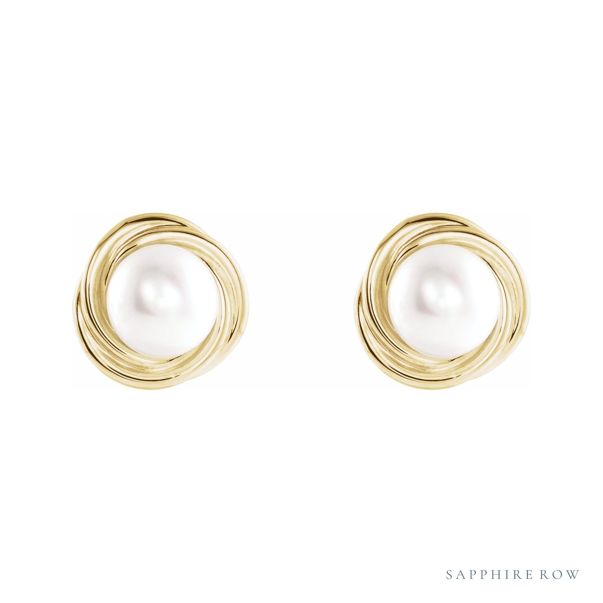 Sapphire Row Cultured Pearl Button Stud Earrings - 14K Yellow Gold (view 2)