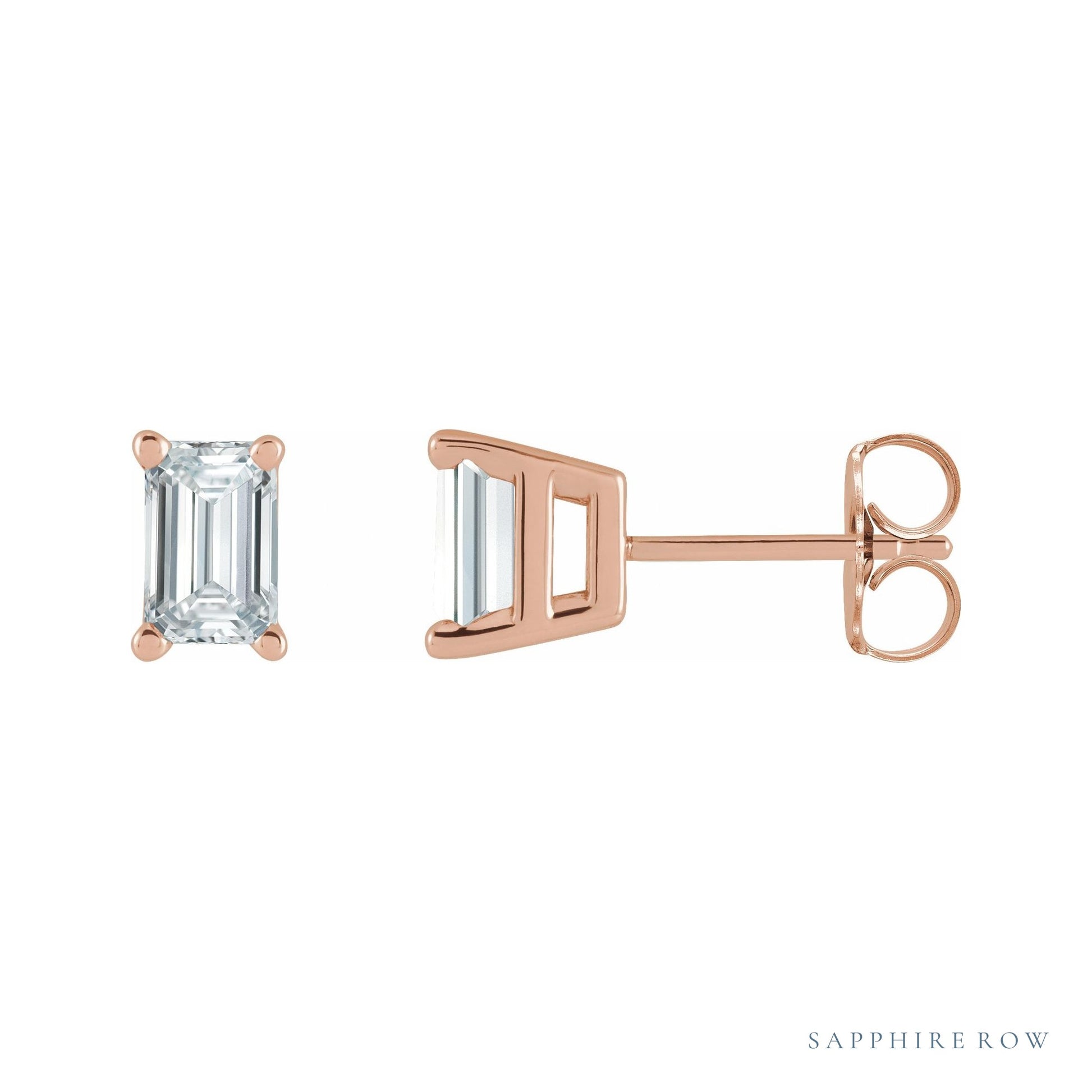 Sapphire Row Natural Diamond Emerald-Cut Stud Earrings - 14K Rose Gold