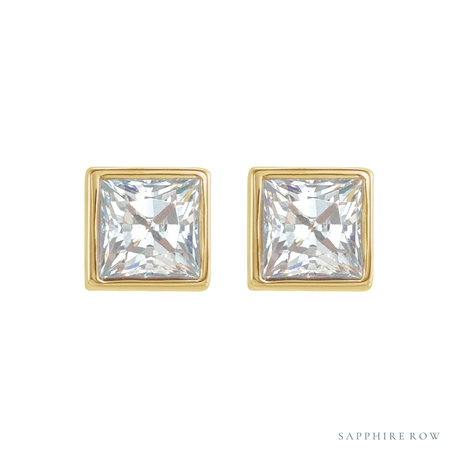 Sapphire Row Natural Diamond Princess-Cut Bezel Stud Earrings - 14K Yellow Gold (view 2)