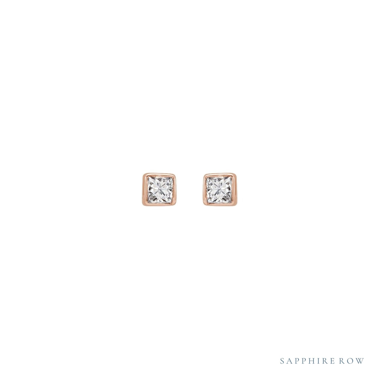 Sapphire Row Natural Diamond Princess-Cut Bezel Stud Earrings - 14K Rose Gold, .05 CTW (view 2)
