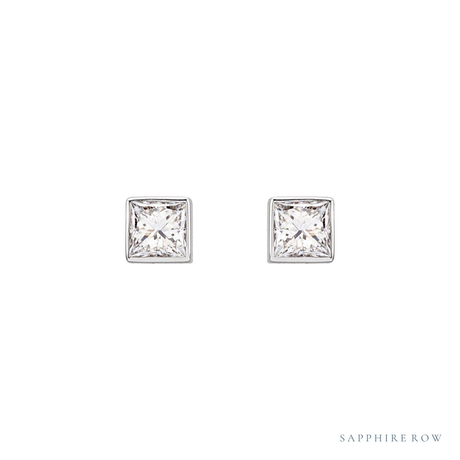 Sapphire Row Natural Diamond Princess-Cut Bezel Stud Earrings - Platinum, 1/5 CTW (view 2)