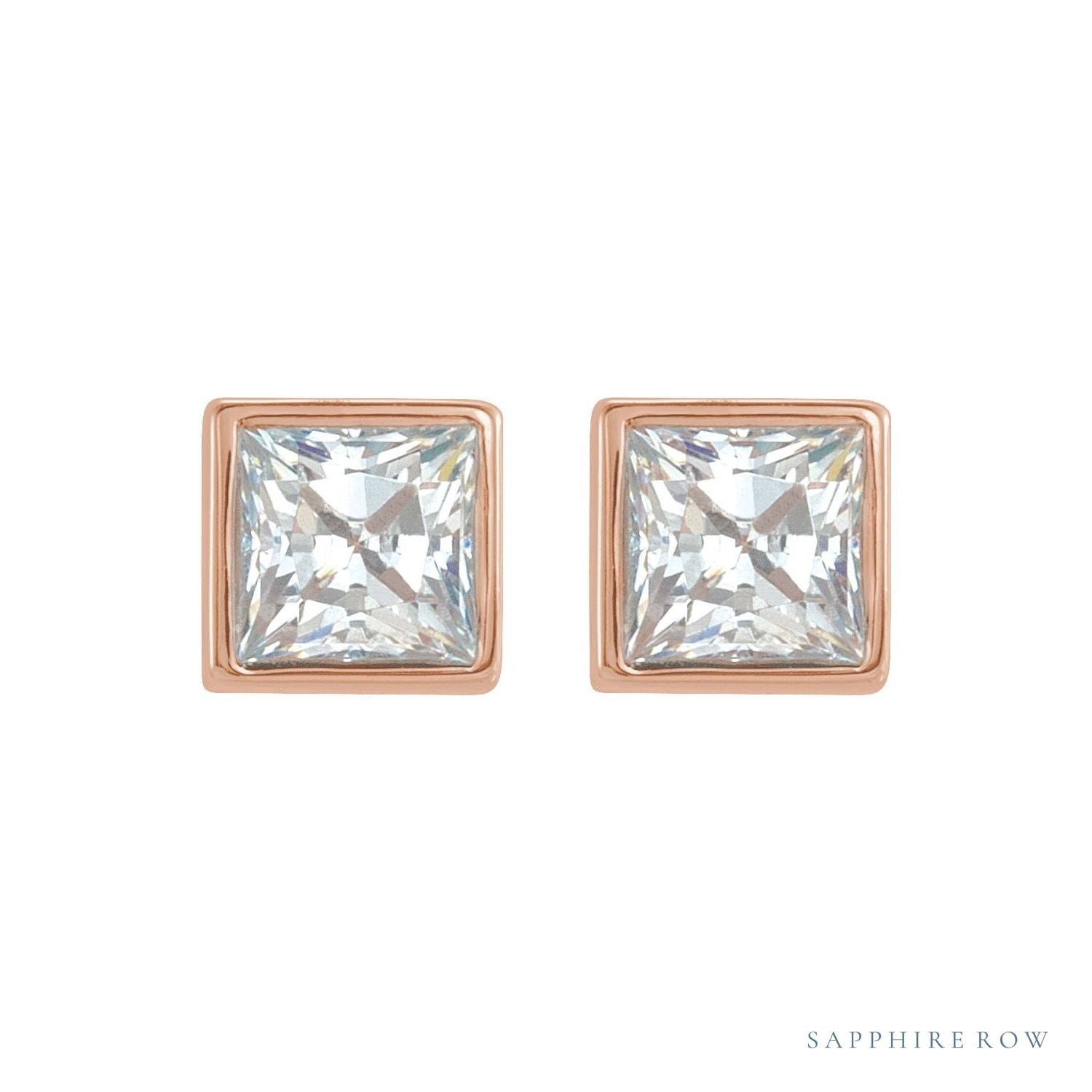 Sapphire Row Natural Diamond Princess-Cut Bezel Stud Earrings - 14K Rose Gold (view 2)