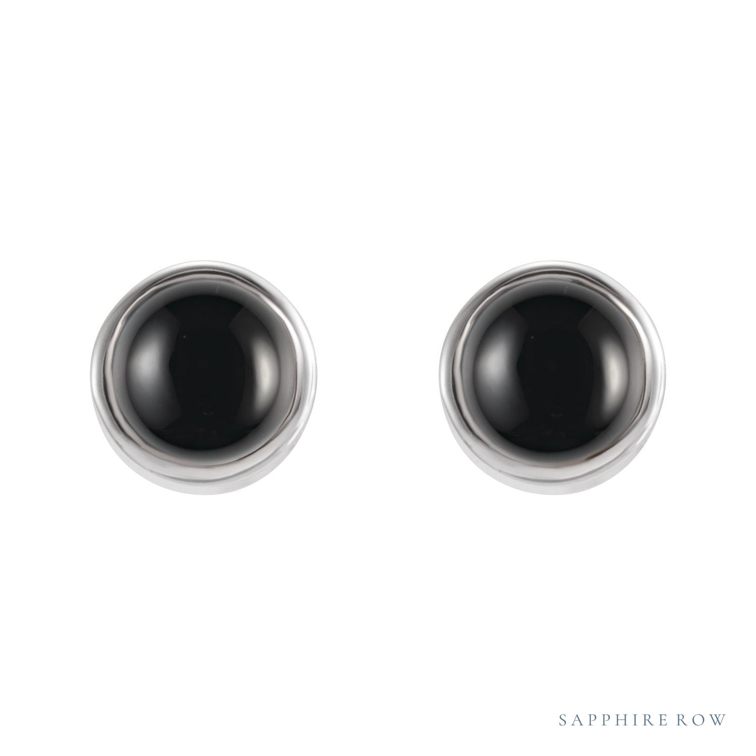 Sapphire Row Natural Gemstone Round Bezel Stud Earrings - Black Onyx, 14K White Gold (view 2)