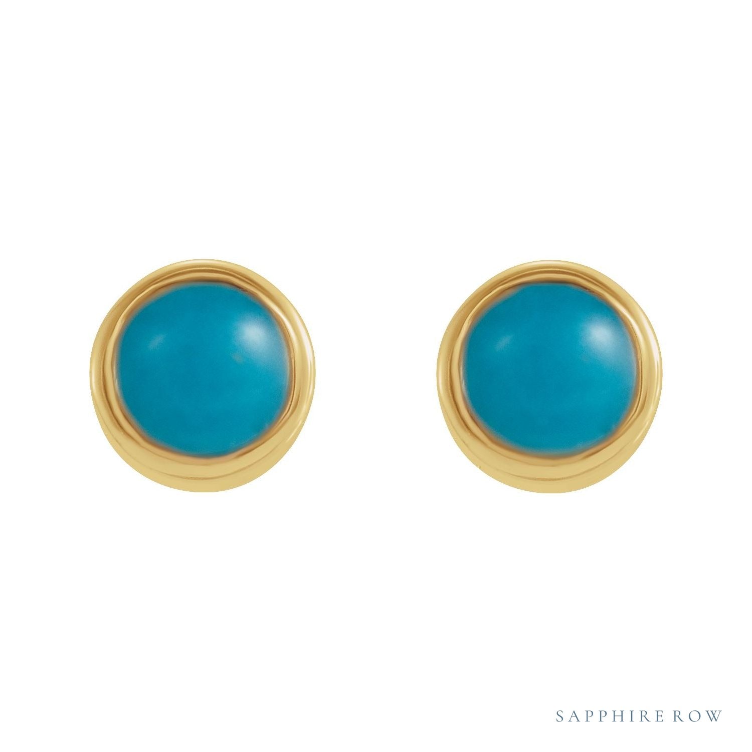 Sapphire Row Natural Gemstone Round Bezel Stud Earrings - Turquoise, 14K Yellow Gold (view 2)