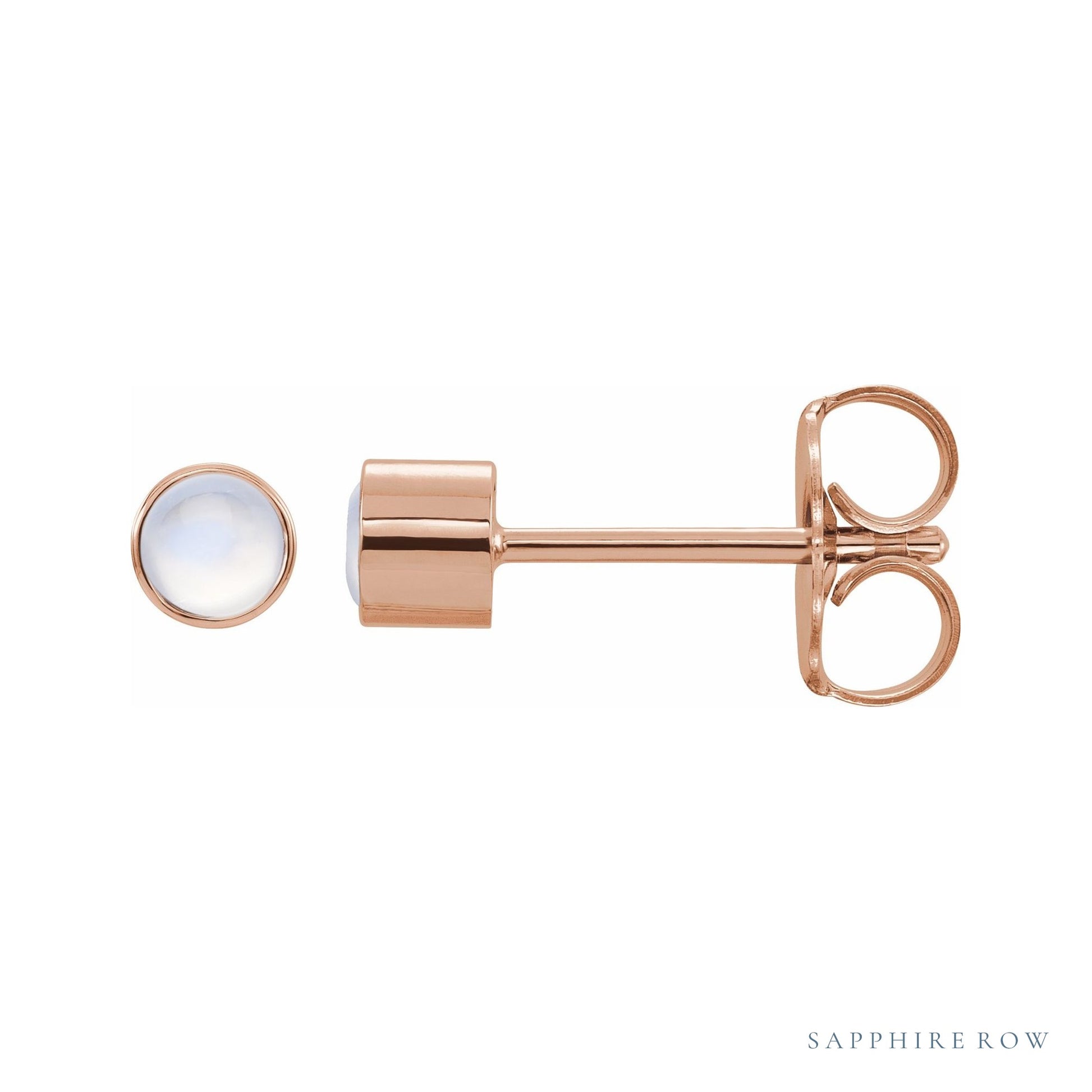 Sapphire Row Natural Gemstone Round Bezel Stud Earrings - Rainbow Moonstone, 14K Rose Gold
