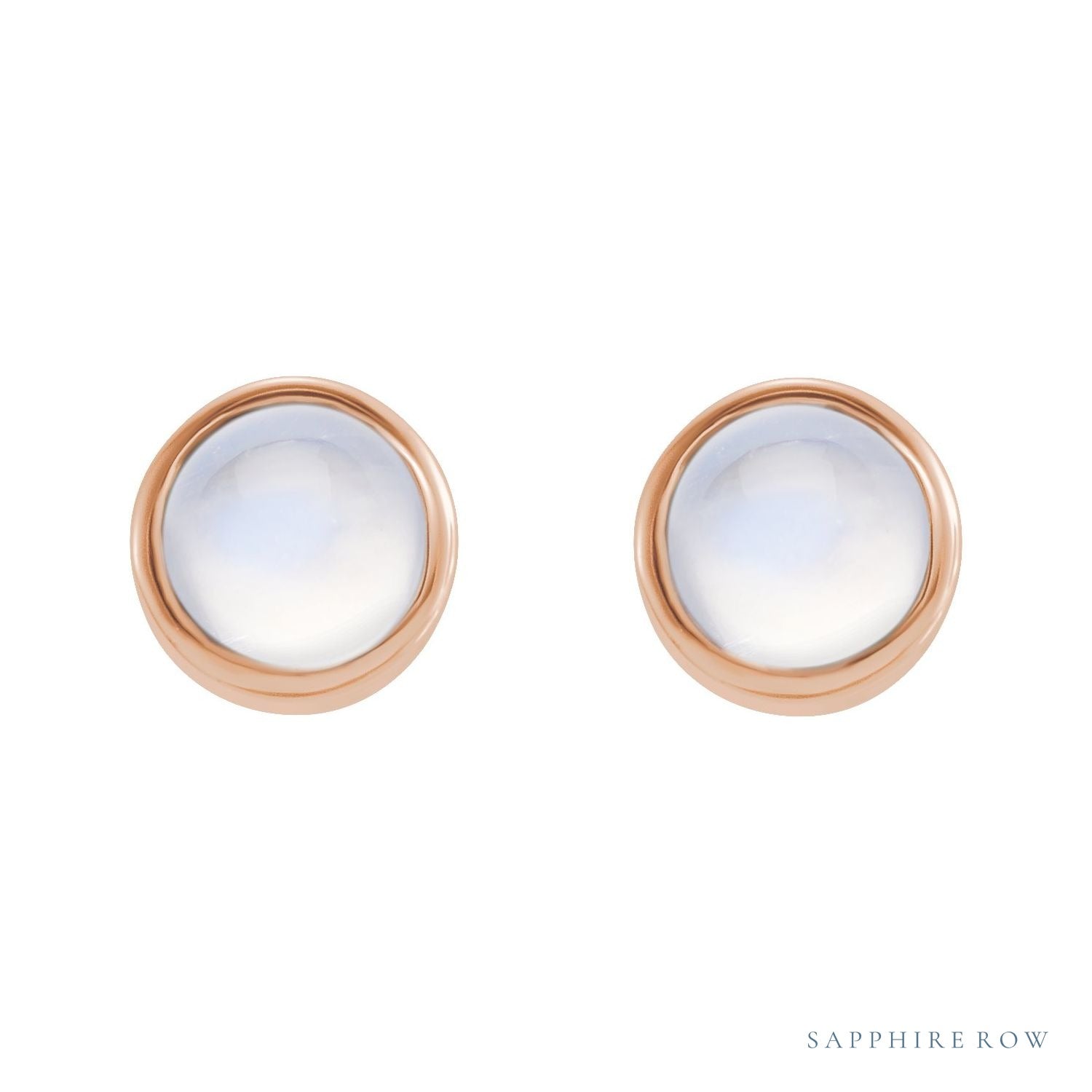 Sapphire Row Natural Gemstone Round Bezel Stud Earrings - Rainbow Moonstone, 14K Rose Gold (view 2)