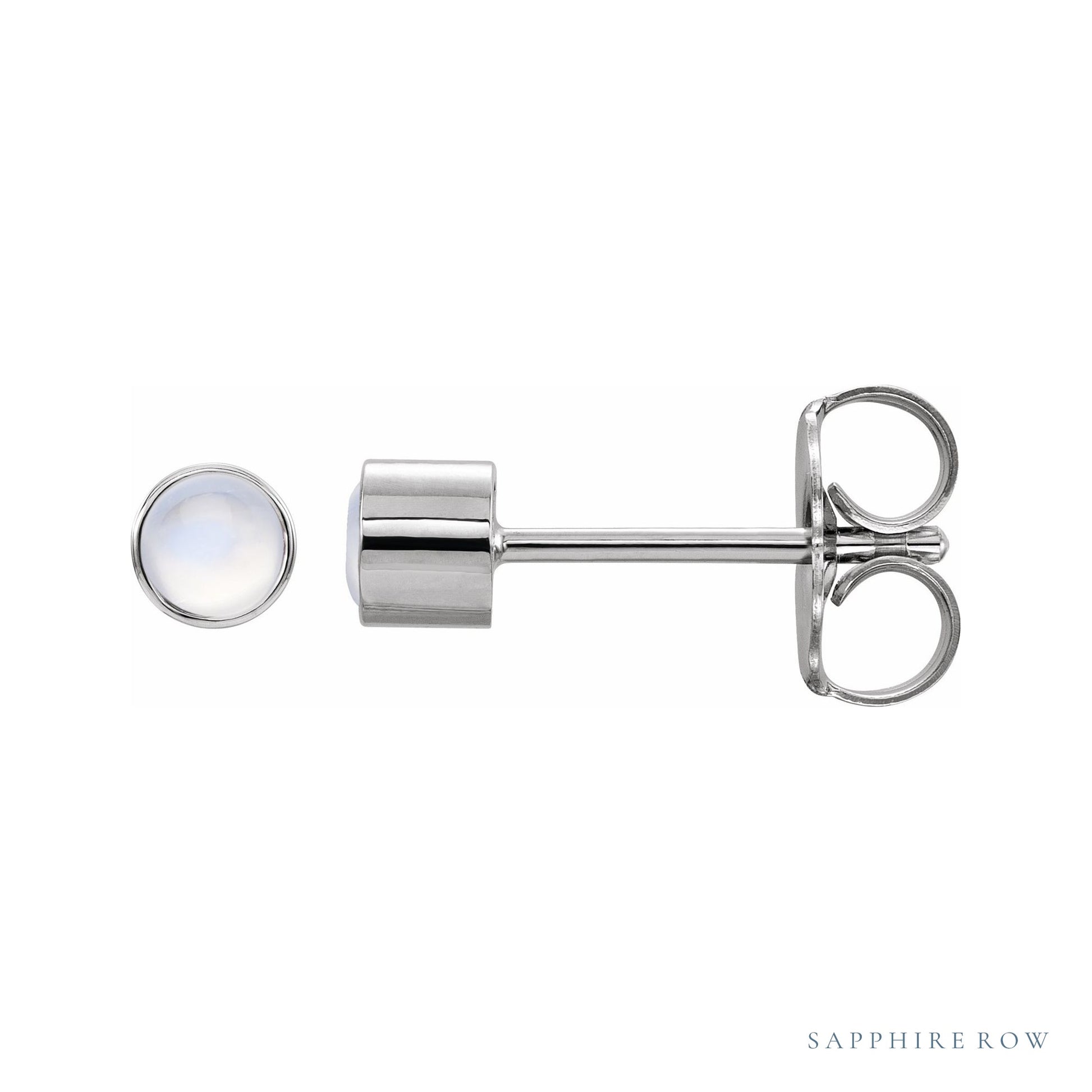Sapphire Row Natural Gemstone Round Bezel Stud Earrings - Rainbow Moonstone, 14K White Gold