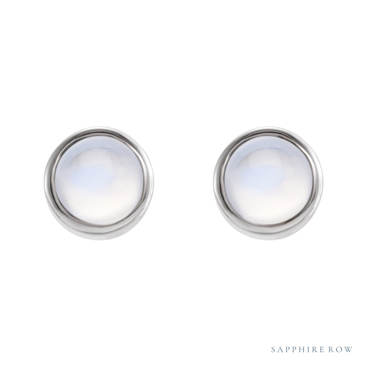 Sapphire Row Natural Gemstone Round Bezel Stud Earrings - Rainbow Moonstone, 14K White Gold (view 2)