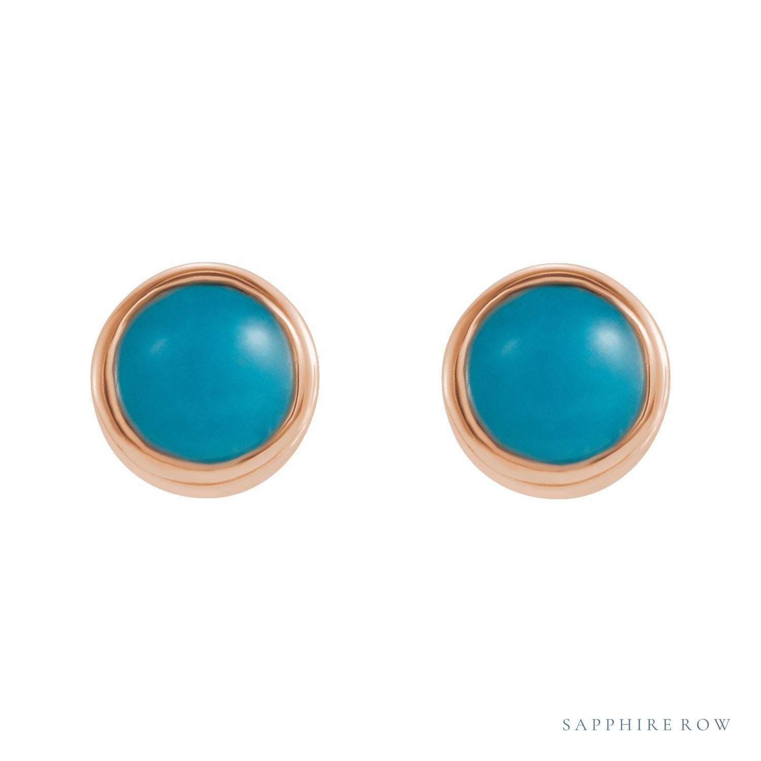 Sapphire Row Natural Gemstone Round Bezel Stud Earrings - Turquoise, 14K Rose Gold (view 2)