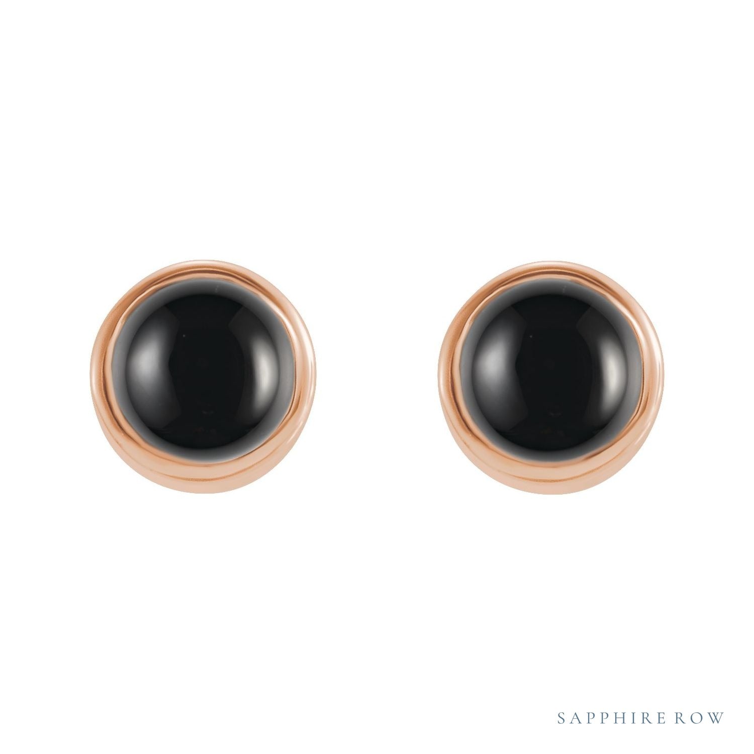 Sapphire Row Natural Gemstone Round Bezel Stud Earrings - Black Onyx, 14K Rose Gold (view 2)