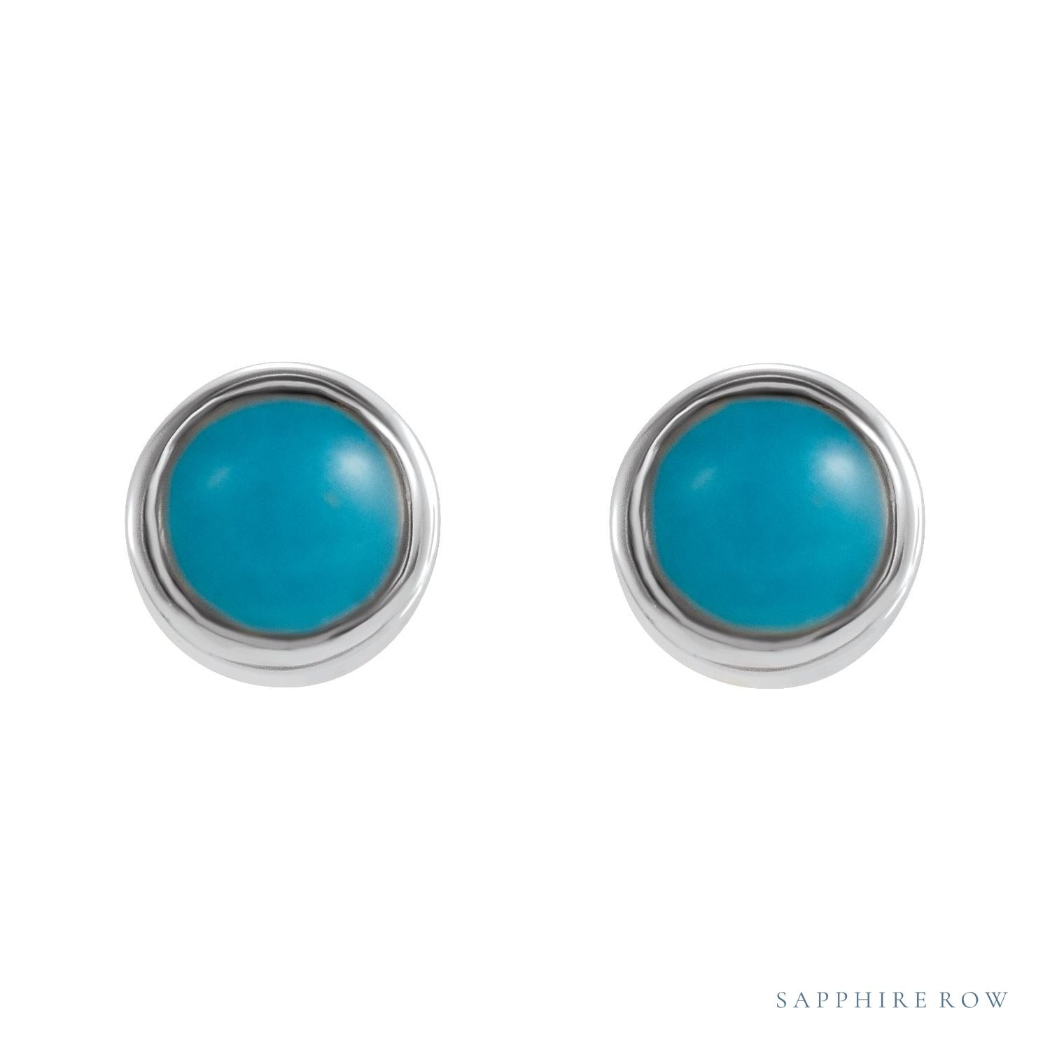 Sapphire Row Natural Gemstone Round Bezel Stud Earrings - Turquoise, 14K White Gold (view 2)