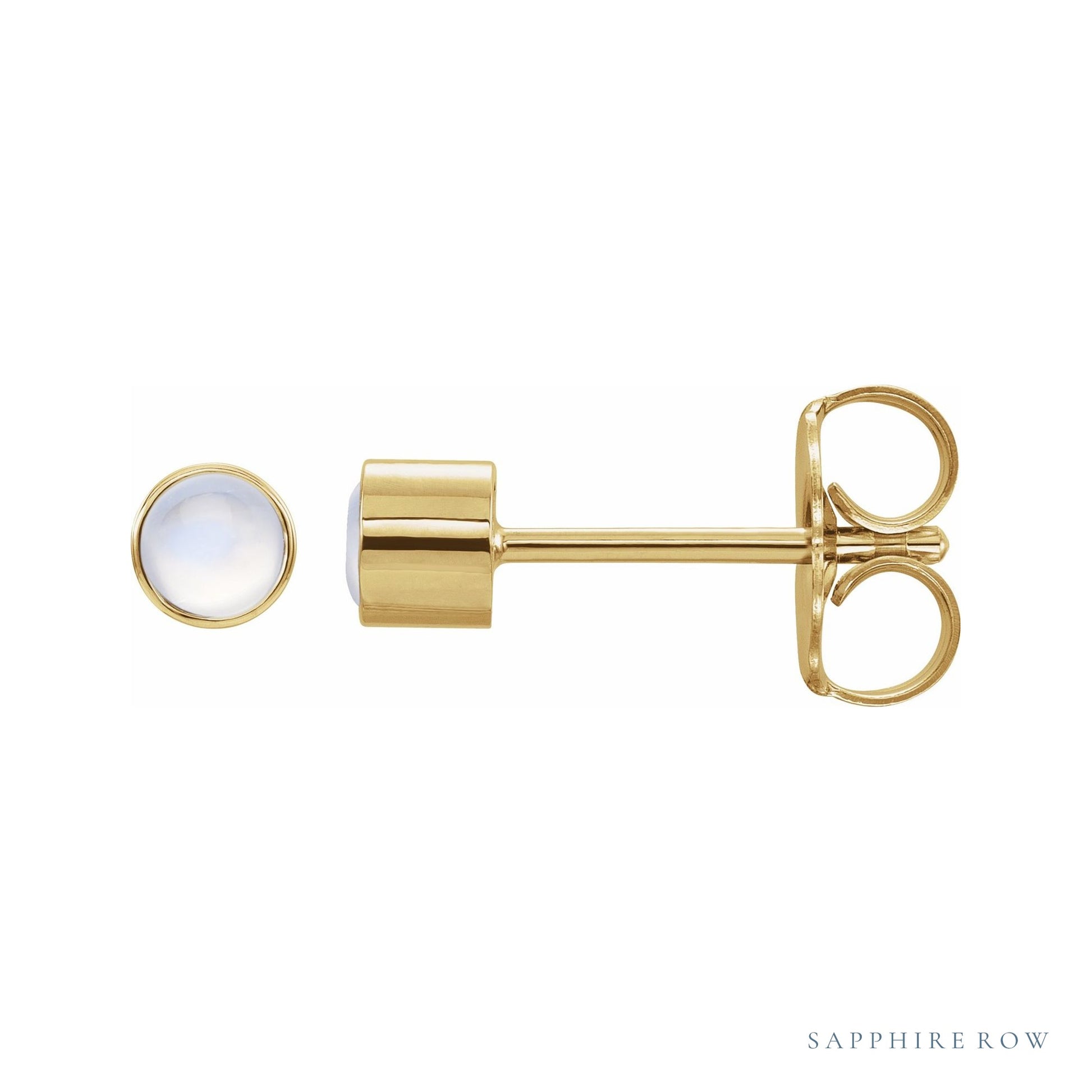 Sapphire Row Natural Gemstone Round Bezel Stud Earrings - Rainbow Moonstone, 14K Yellow Gold