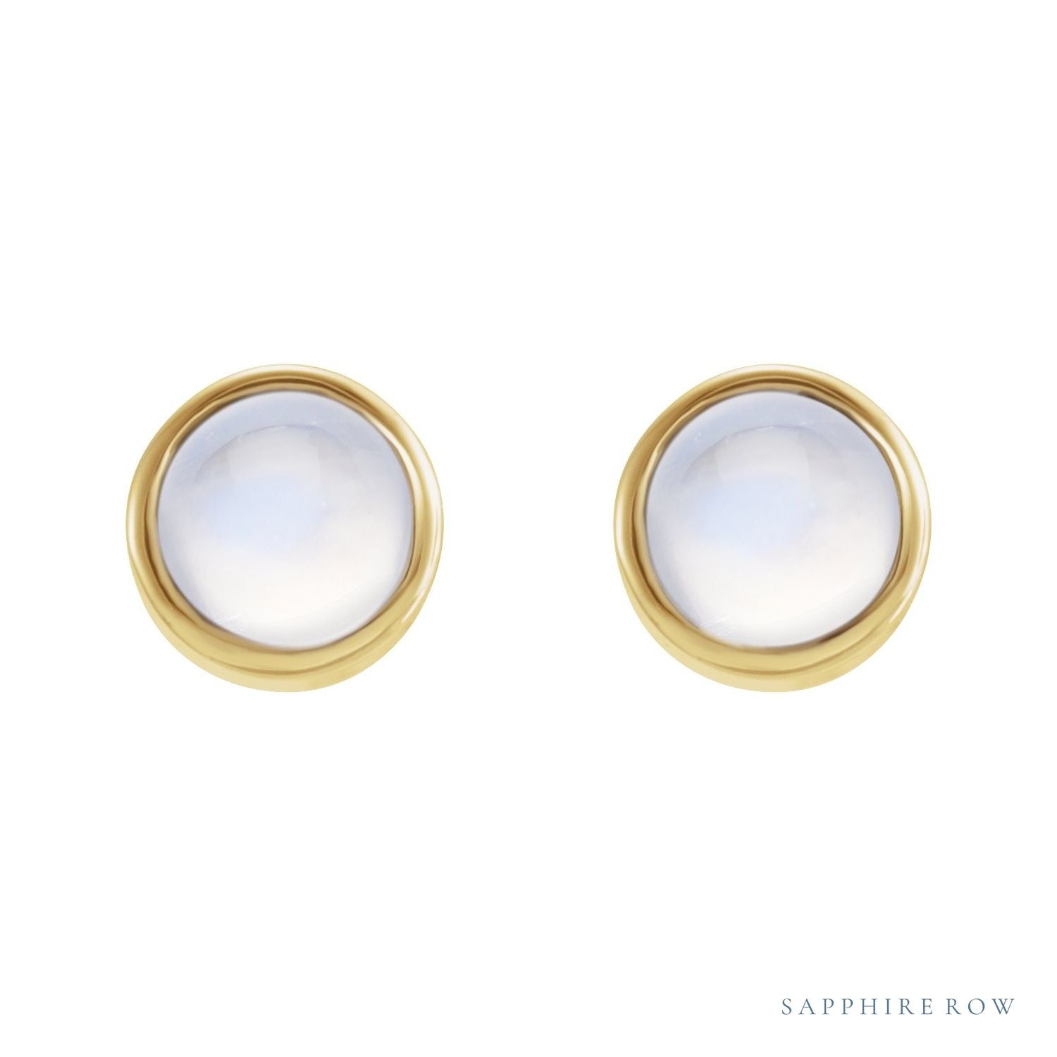 Sapphire Row Natural Gemstone Round Bezel Stud Earrings - Rainbow Moonstone, 14K Yellow Gold (view 2)
