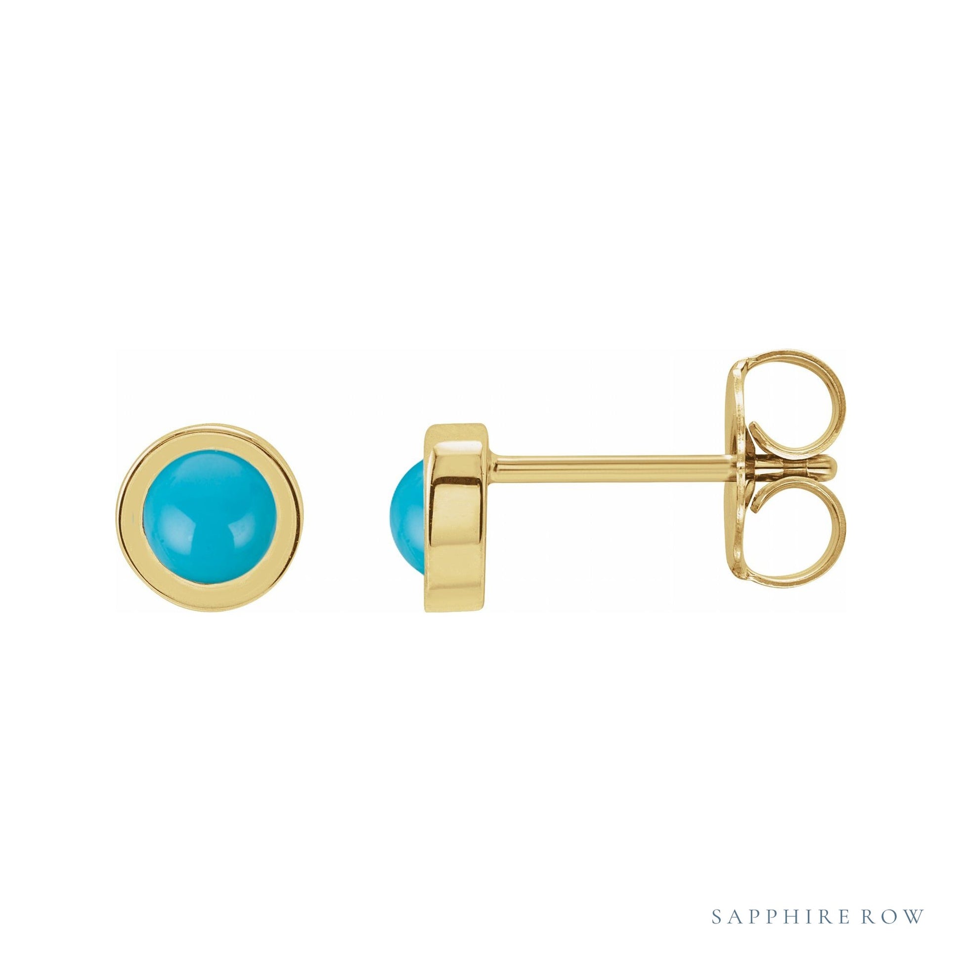 Sapphire Row Natural Cabochon Gemstone Bezel Stud Earrings - Turquoise, 14K Yellow Gold, 4 mm