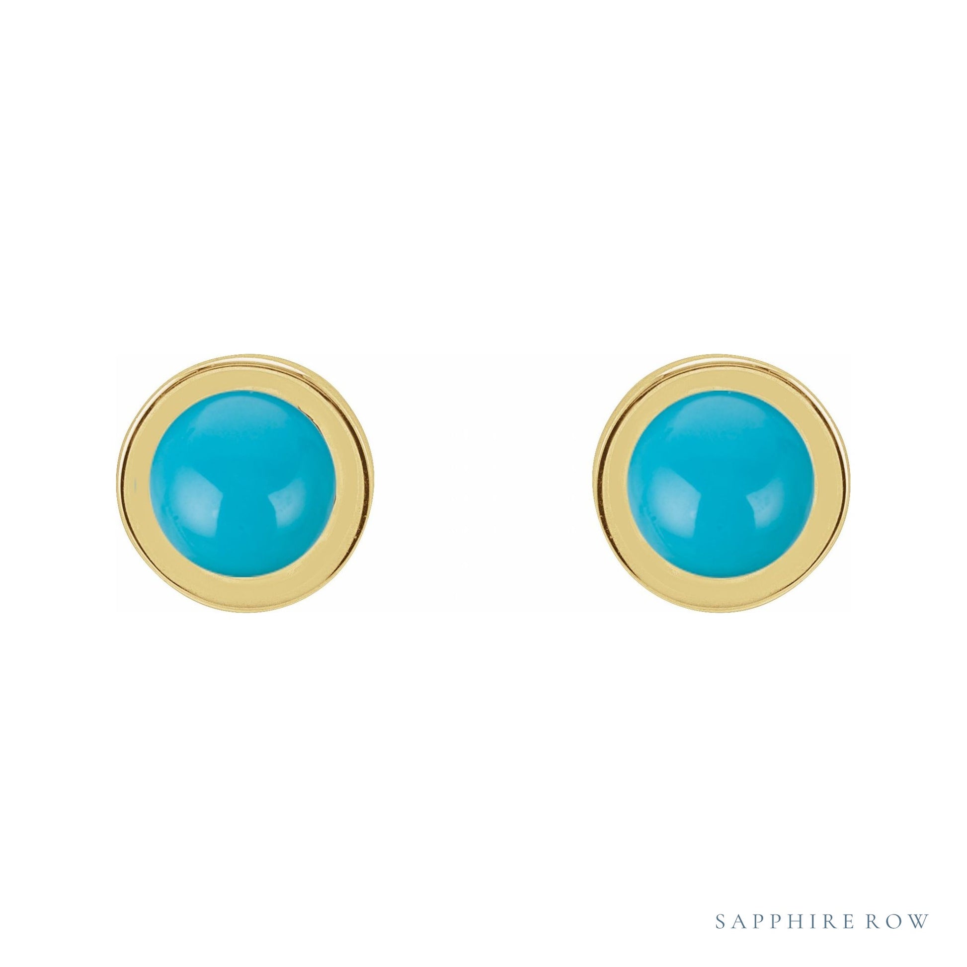 Sapphire Row Natural Cabochon Gemstone Bezel Stud Earrings - Turquoise, 14K Yellow Gold, 4 mm (view 2)