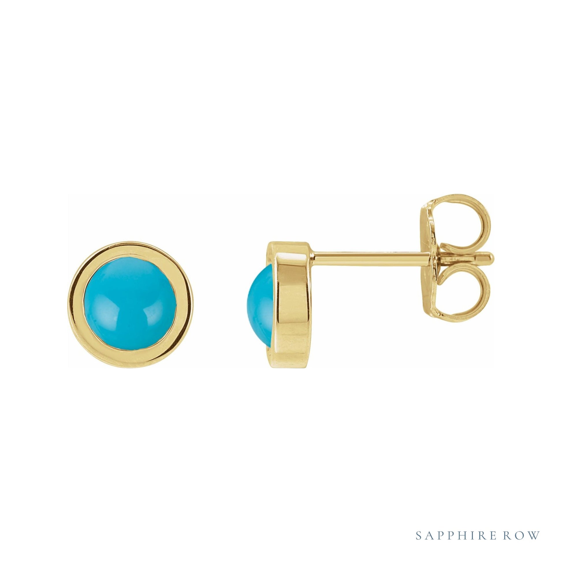 Sapphire Row Natural Cabochon Gemstone Bezel Stud Earrings - Turquoise, 14K Yellow Gold, 5 mm