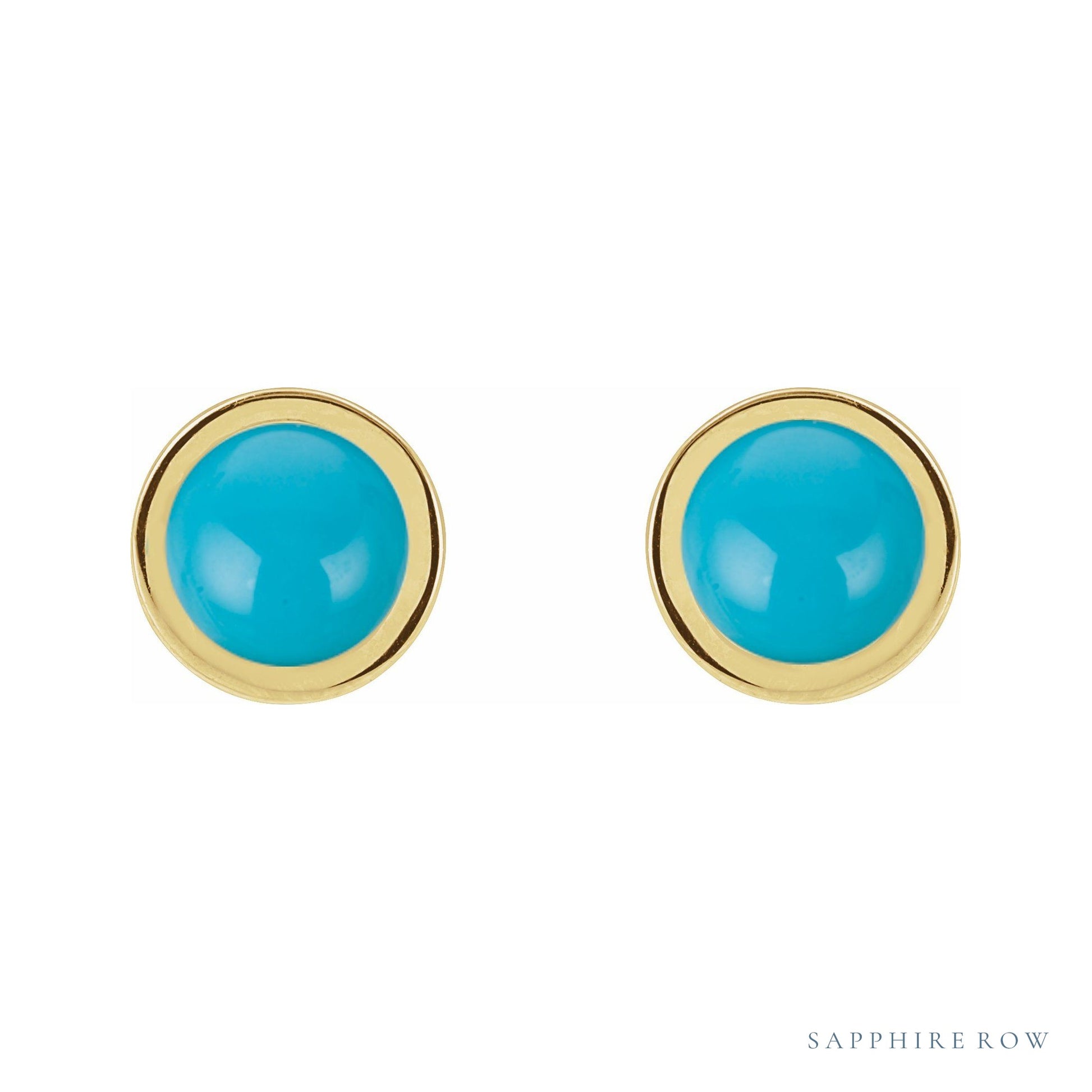 Sapphire Row Natural Cabochon Gemstone Bezel Stud Earrings - Turquoise, 14K Yellow Gold, 5 mm (view 2)