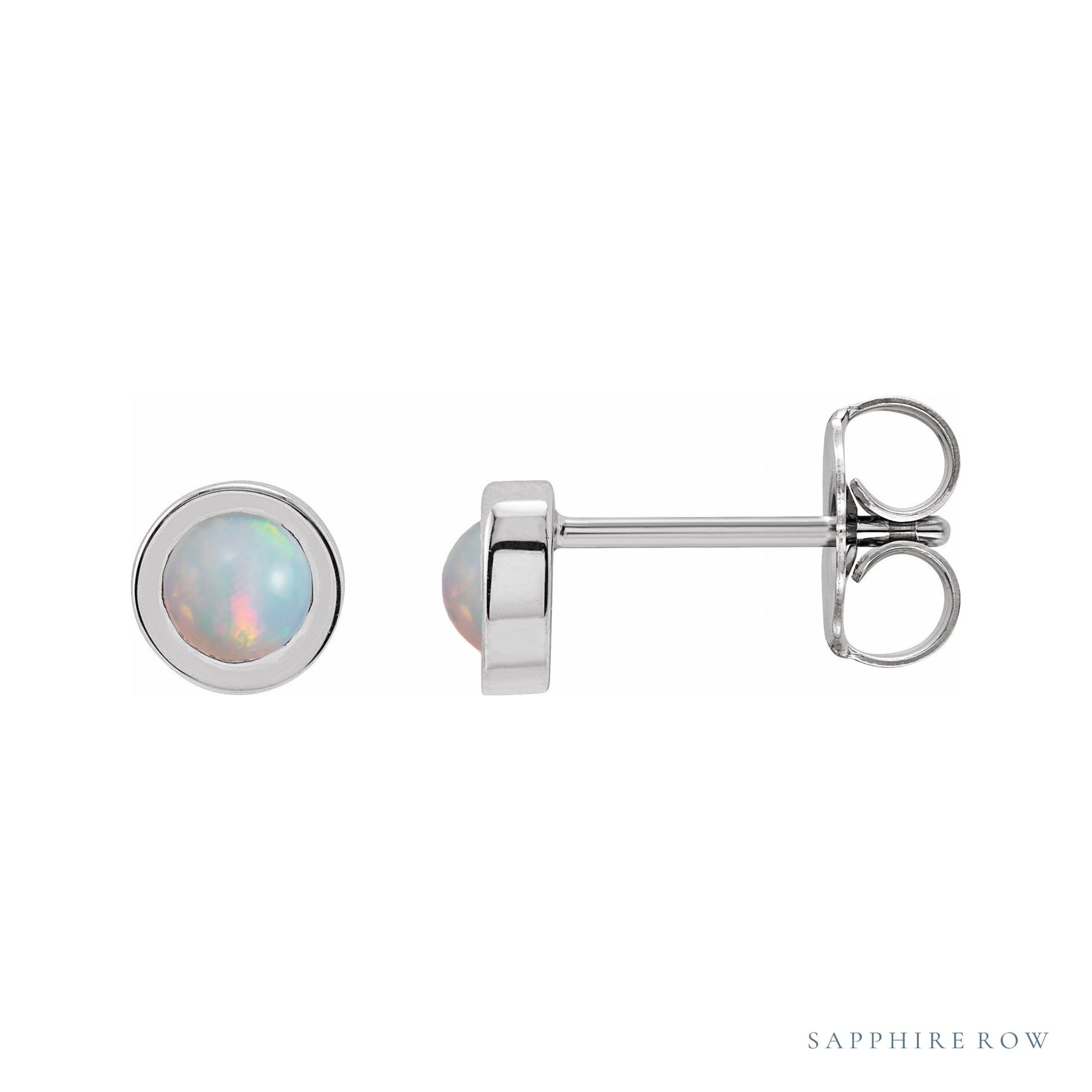 Sapphire Row Natural Cabochon Gemstone Bezel Stud Earrings - White Opal, 14K White Gold, 4 mm