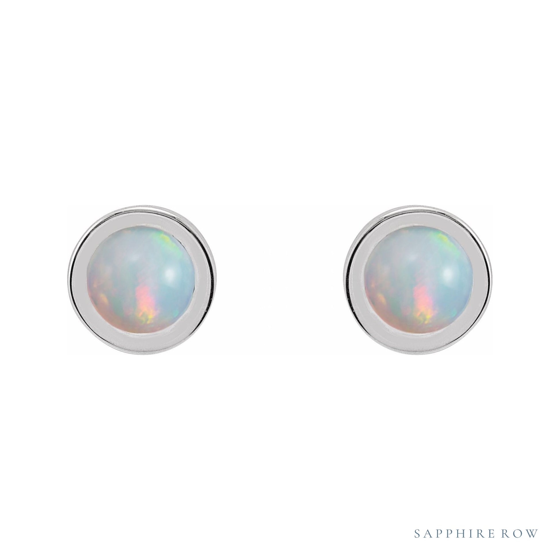 Sapphire Row Natural Cabochon Gemstone Bezel Stud Earrings - White Opal, 14K White Gold, 4 mm (view 2)