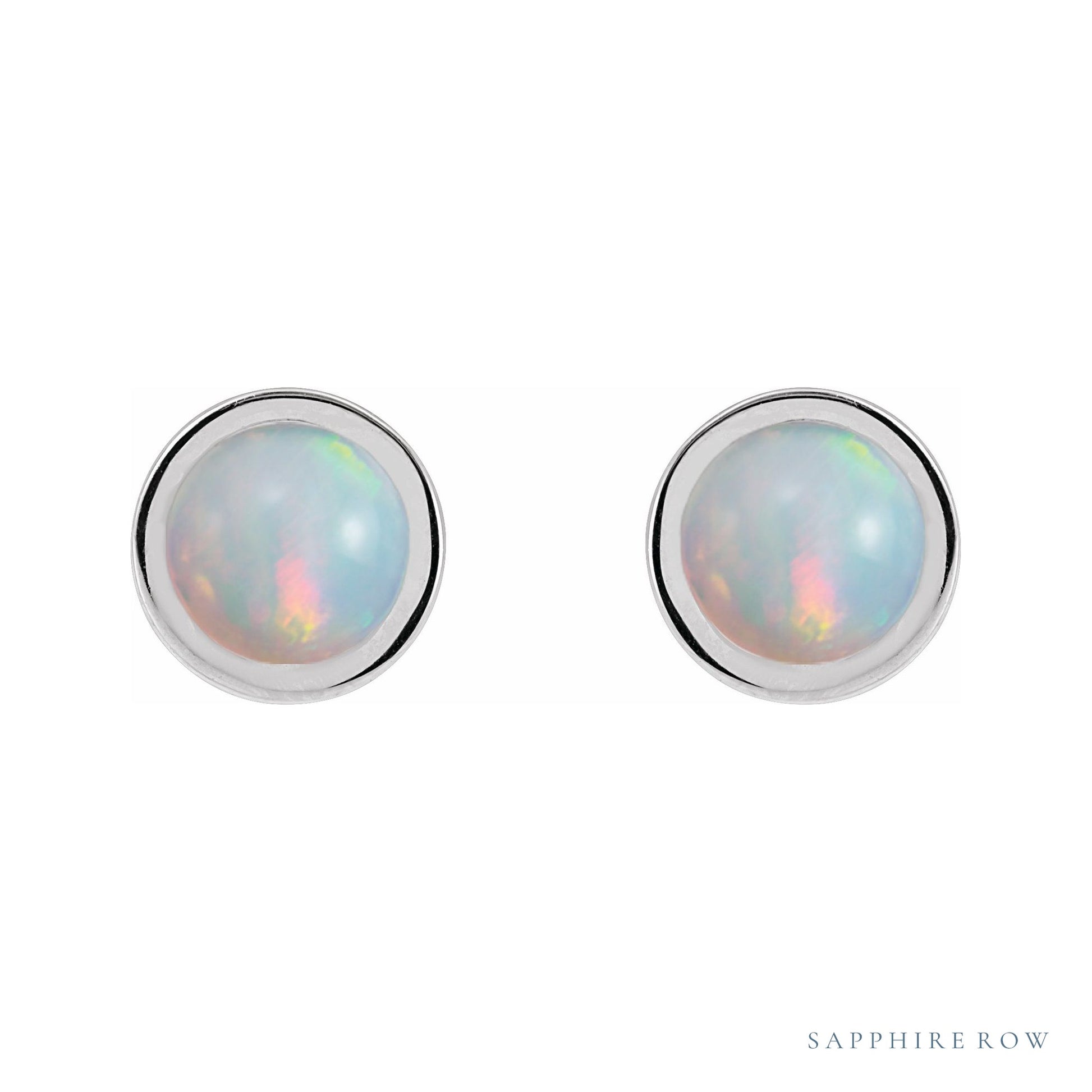 Sapphire Row Natural Cabochon Gemstone Bezel Stud Earrings - White Opal, 14K White Gold, 5 mm (view 2)