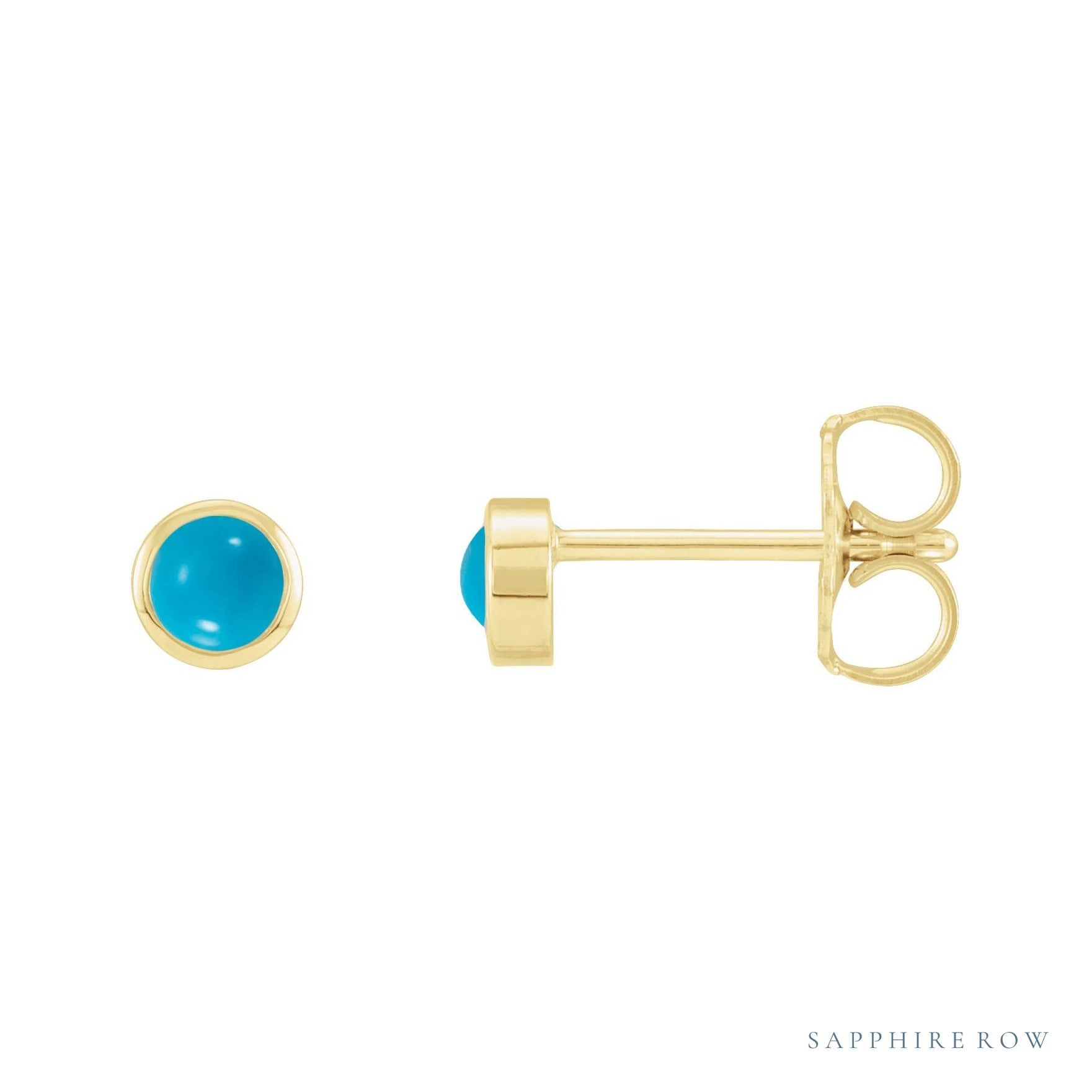 Sapphire Row Natural Cabochon Gemstone Bezel Stud Earrings - Turquoise, 14K Yellow Gold