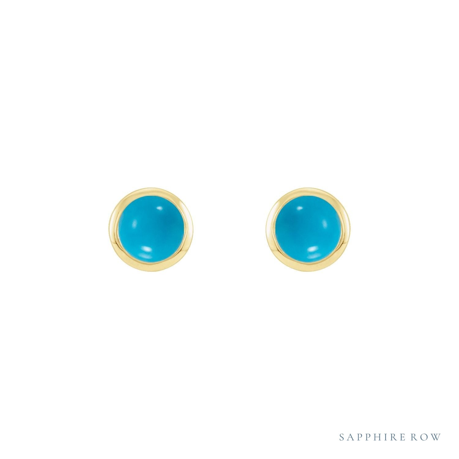 Sapphire Row Natural Cabochon Gemstone Bezel Stud Earrings - Turquoise, 14K Yellow Gold (view 2)