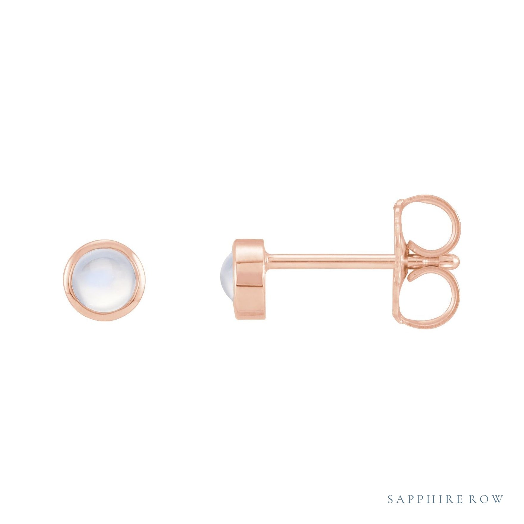 Sapphire Row Natural Cabochon Gemstone Bezel Stud Earrings - Rainbow Moonstone, 14K Rose Gold